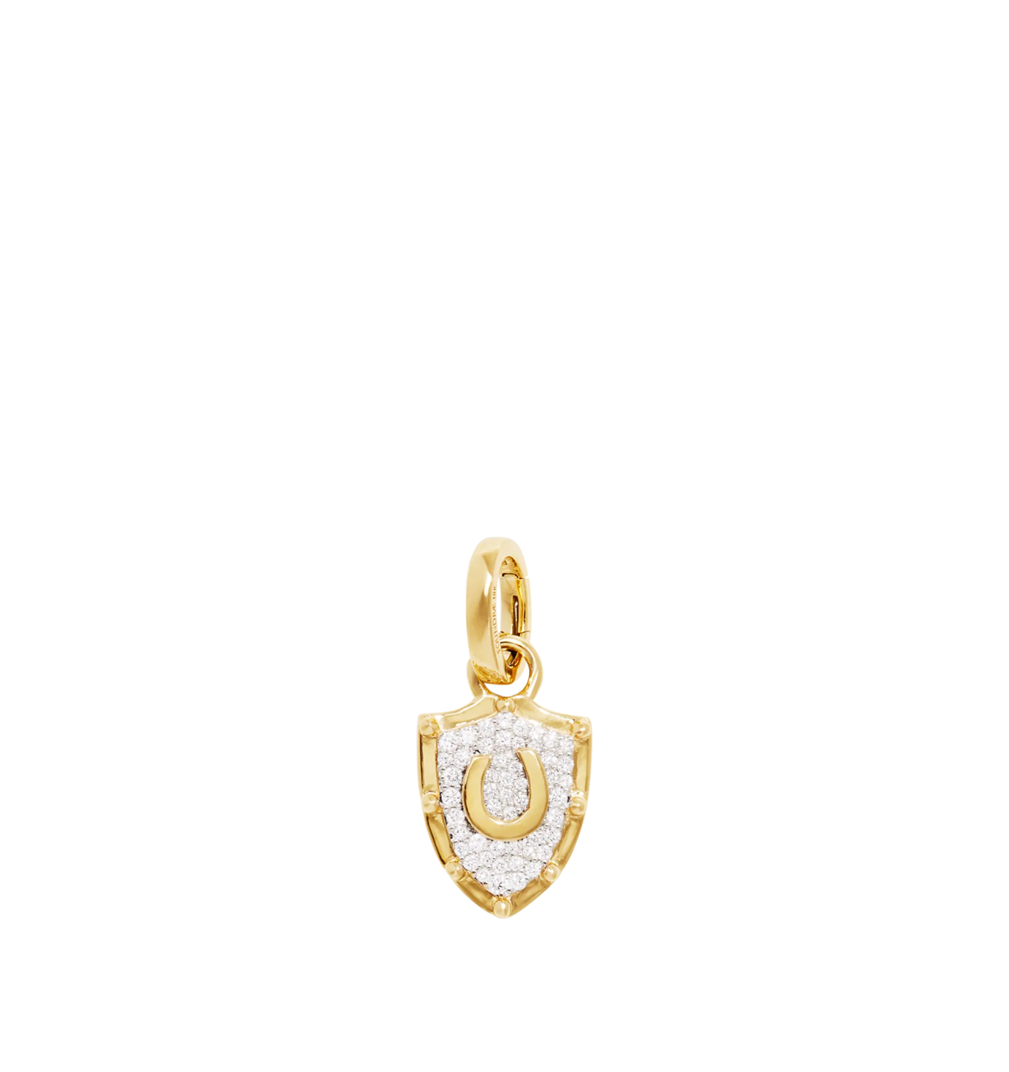 Image 2 of 2 - GOLD - FOUNDRAE Horseshoe Crest Miniature Pendant crafted in 18k Yellow Gold featuring a center horseshoe and set with pav diamonds. Diamond Weight: 0.19 ct. Medallion measures 13mm. Cheap Luxury Handbag Shop offers a range of initial pieces from this collection in-store. For personal consultation and detailed information about jewelry, please contact our dedicated stylist team at personalshopping@hirshleifers.com. 