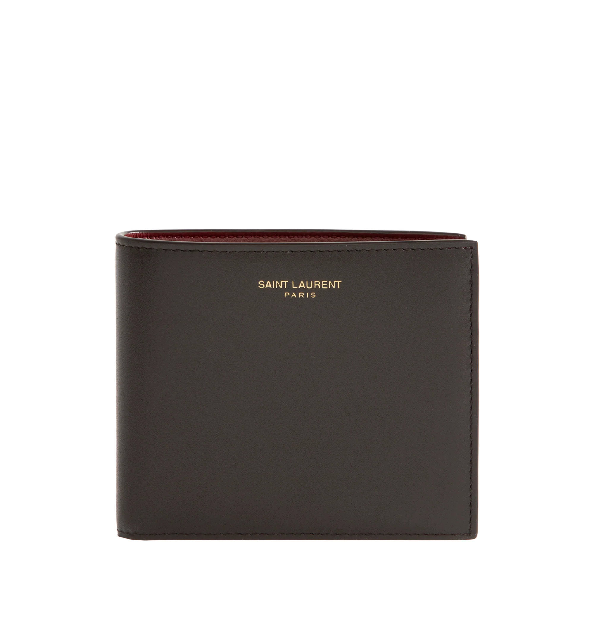 Image 1 of 3 - BROWN - Saint Laurent Men's Soho Calfskin Bi-Fold Wallet is crafted from premium calfskin and features an embossed Saint Laurent Paris signature, a contrasting interior, bronze-tone hardware, eight card slots, two bill compartments, and two receipt compartments. This designer leather wallet combines timeless craftsmanship with everyday functionality. Main Material: Calfskin. Dimensions: 11 x 9.5 x 2.5 cm. Made in Italy.