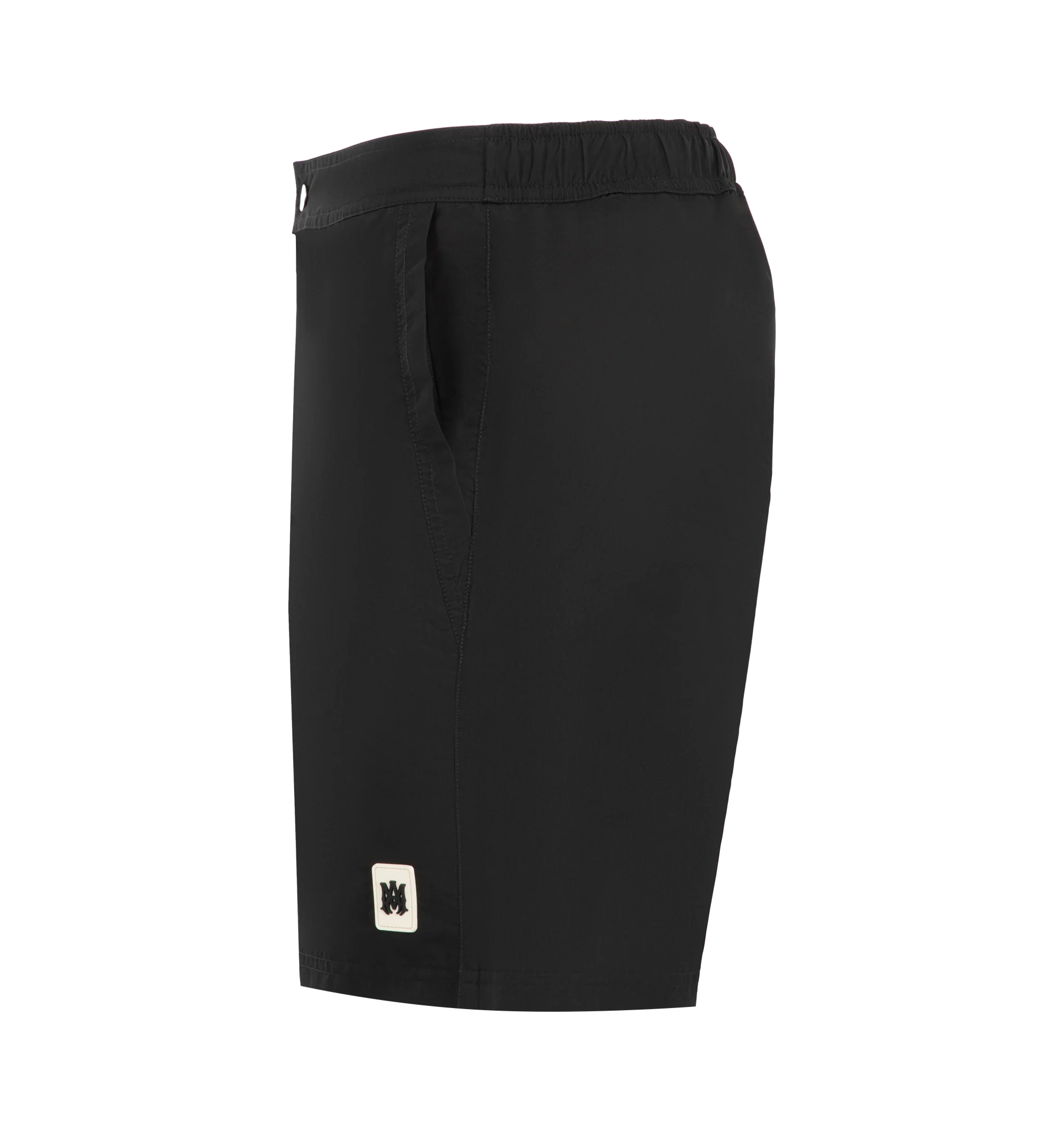 Image 3 of 3 - BLACK - Amiri Mens Logo Swim Trunks are crafted from lightweight technical fabric. Feature an elasticized waistband with adjustable drawcord, side seam pockets, and a relaxed fit. Main Material: 100% Polyester. Made in Bangladesh.