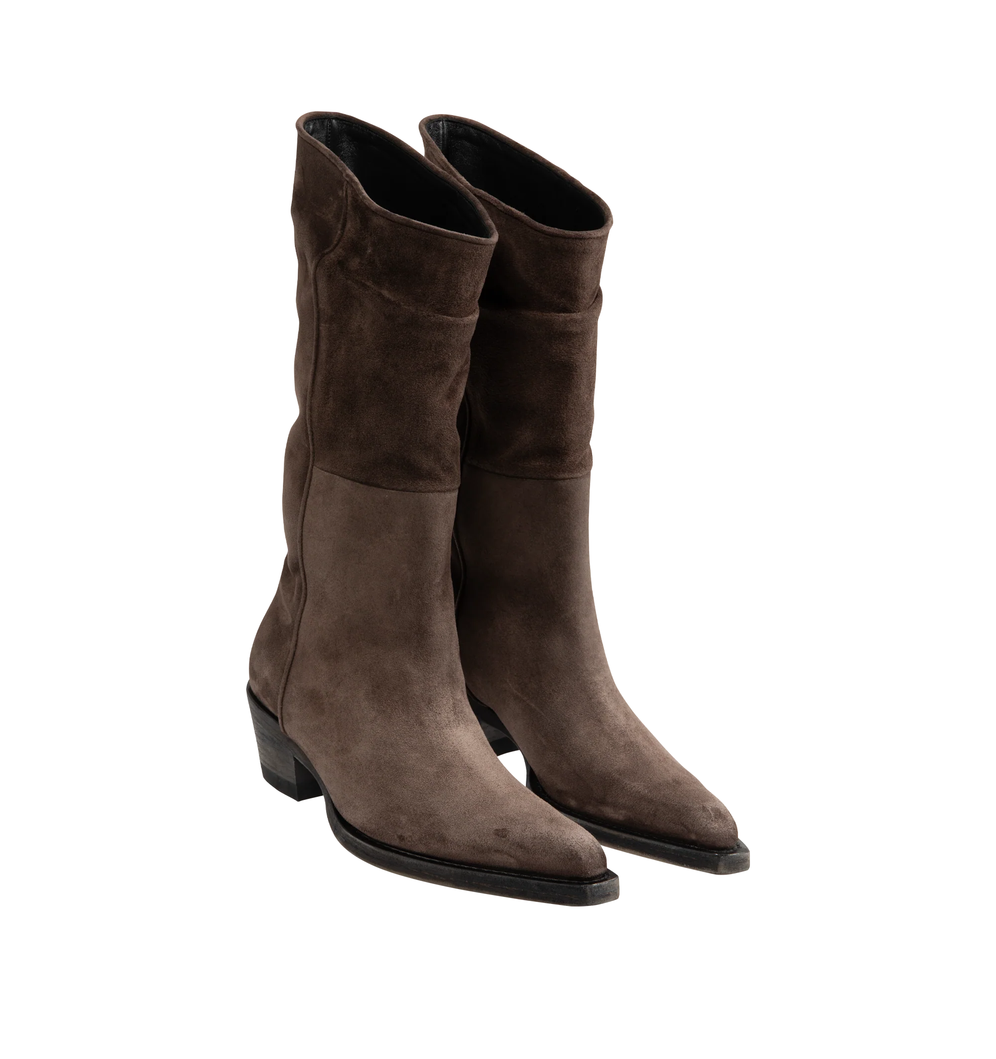 Image 2 of 4 - BROWN - Khaite Clive boot inspired by well-worn Western classics. Featuring stitched welt, 1" stacked leather heel, snip-toe silhouette with deliberately tilted shaft in hand-worked, vegetable-tanned calfskin brushed to a rich patina. Vintage vacchetta (100% calf leather). Made in Italy.