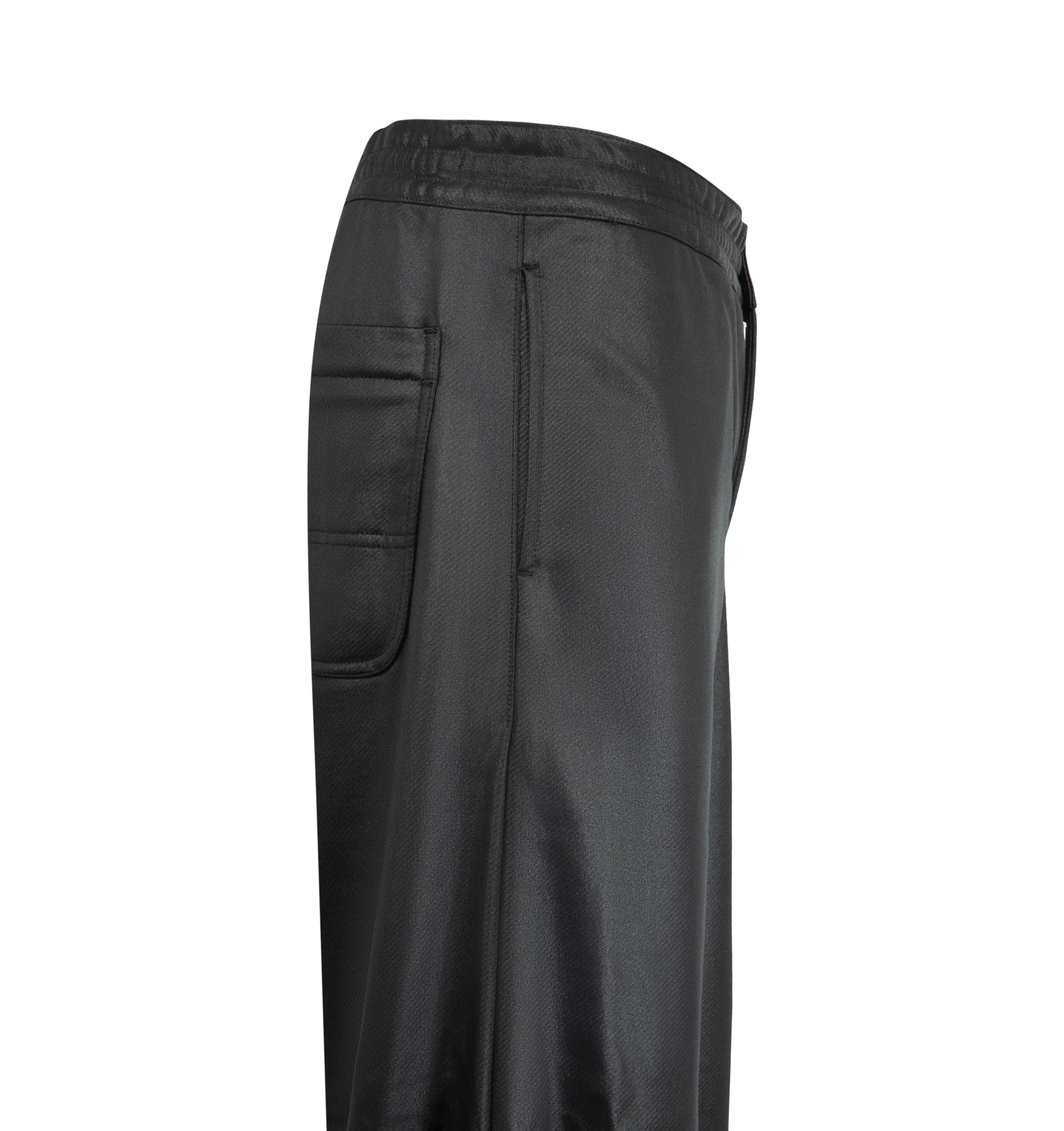 Image 3 of 3 - BLACK - Homme Plus sleek black wide-leg trousers feature a smooth satin finish and an elasticated waistband with a button closure.