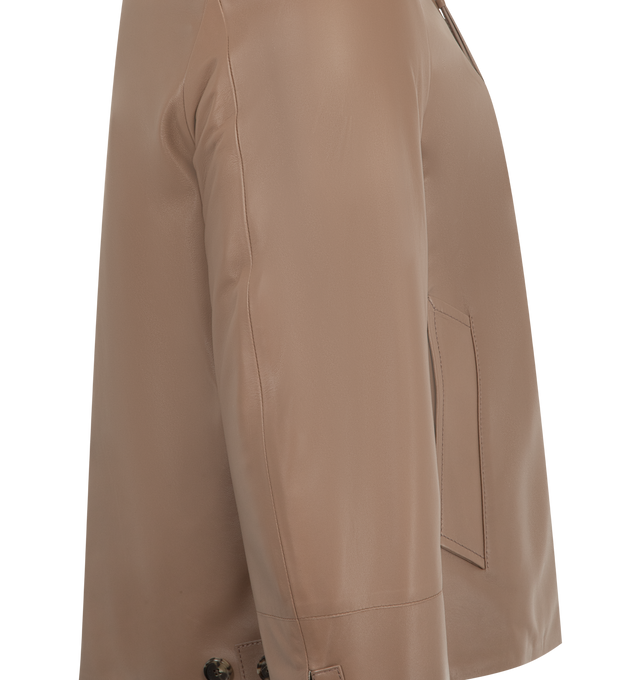 Image 3 of 3 - BROWN - LOEWE Zip-up jacket in lightweight nappa lambskin featuring a reversible design with a custom check pattern on one side, regular fit, regular length, classic collar, zip front fastening with Puzzle puller, buttoned cuffs, diagonal welt pockets on nappa side, leather chest patch pocket on check side, adjustable waist tabs, LOEWE Anagram embossed leather patch on both sides and Anagram embossed tab on the chest patch pocket. Nappa. Made in Spain.