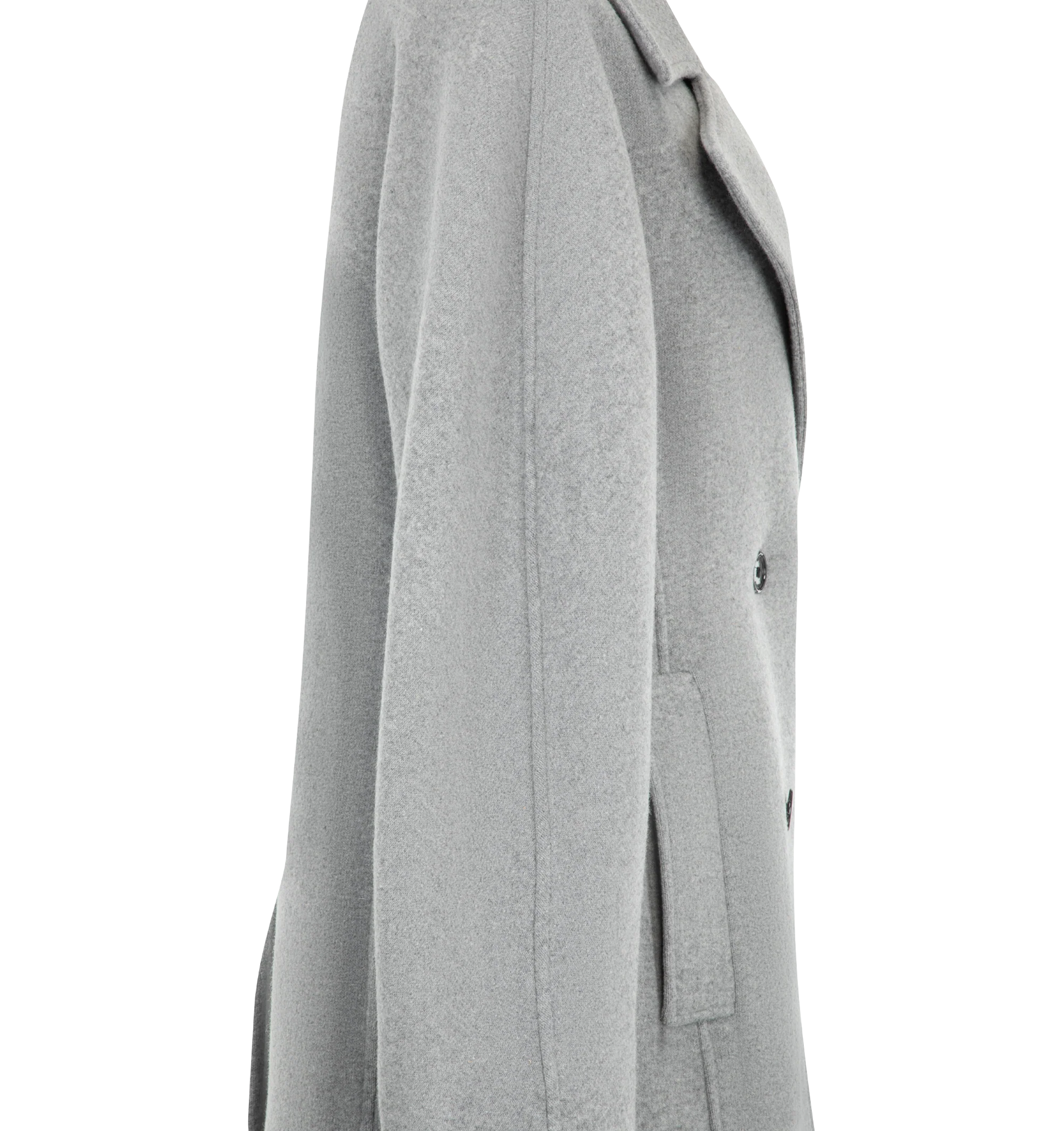 Image 3 of 3 - GREY - Toteme Women's Rounded Peacoat is crafted from a substantial wool and cashmere blend and features rounded sleeves that create a sculptural, cocooning silhouette. Designed in an oversized fit with long sleeves, this designer coat features a double-breasted construction, two pockets, and a fully lined interior, falling at the top of the thigh for a modern proportion. Main Material: 49% RWS Wool, 24% Recycled GRS Wool, 22% Recycled GRS Polyamide, 5% Recycled GRS Cashmere. Lining: 100% Vis