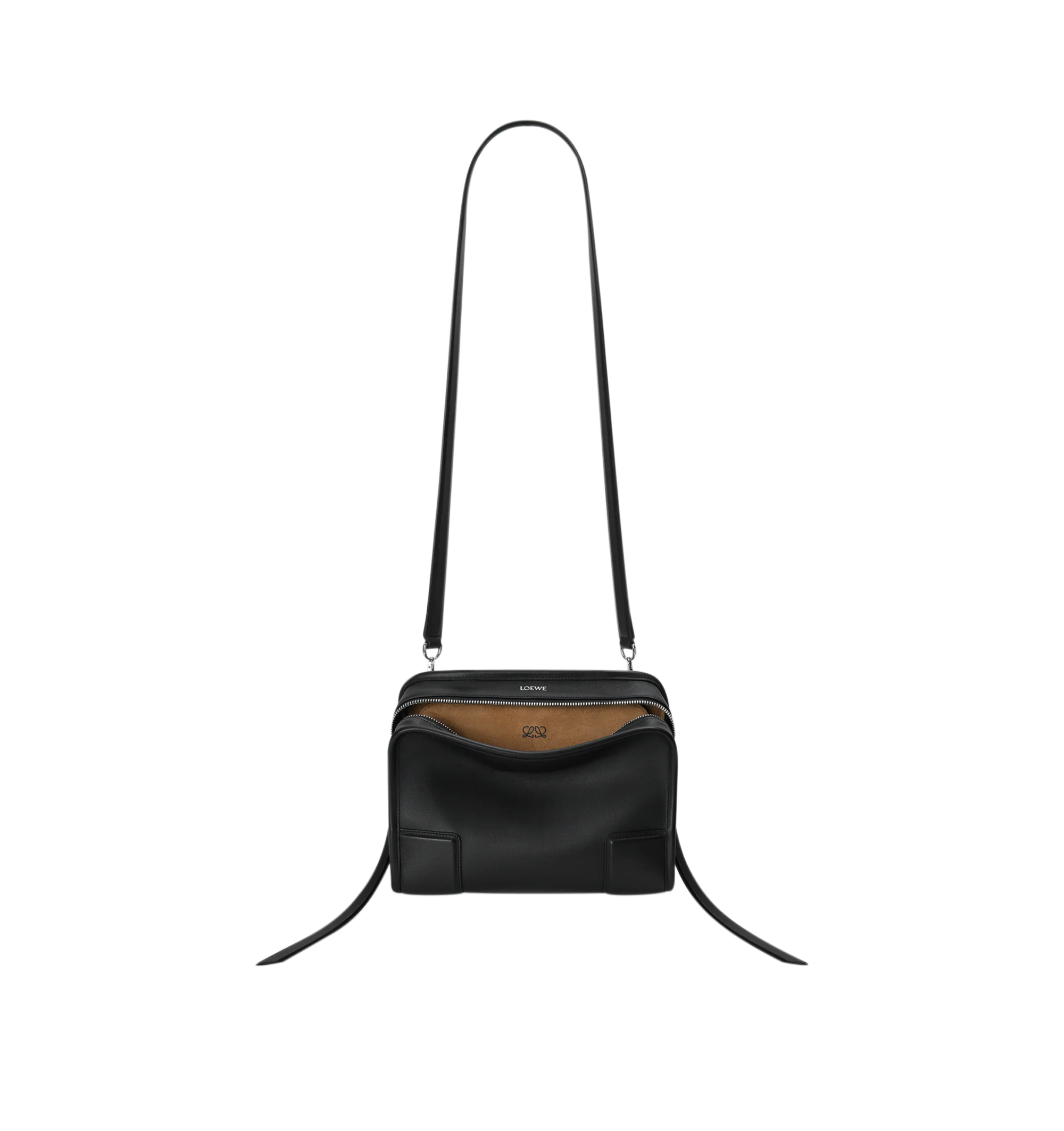 Image 10 of 16 - BLACK - Loewe Small Amazona 180 Bag in leather features a relaxed silhouette anchored by a single toron top handle, designed to be carried open, while a concealed closure secures the main compartment, three carry options: short handle, removable shoulder strap and crossbody, zip closure with two leather zip pullers, two compartments, main compartment closed with magnetic closure, internal flat pocket, left side d-ring for customization, nappa lambskin lining, and embossed double L branding.