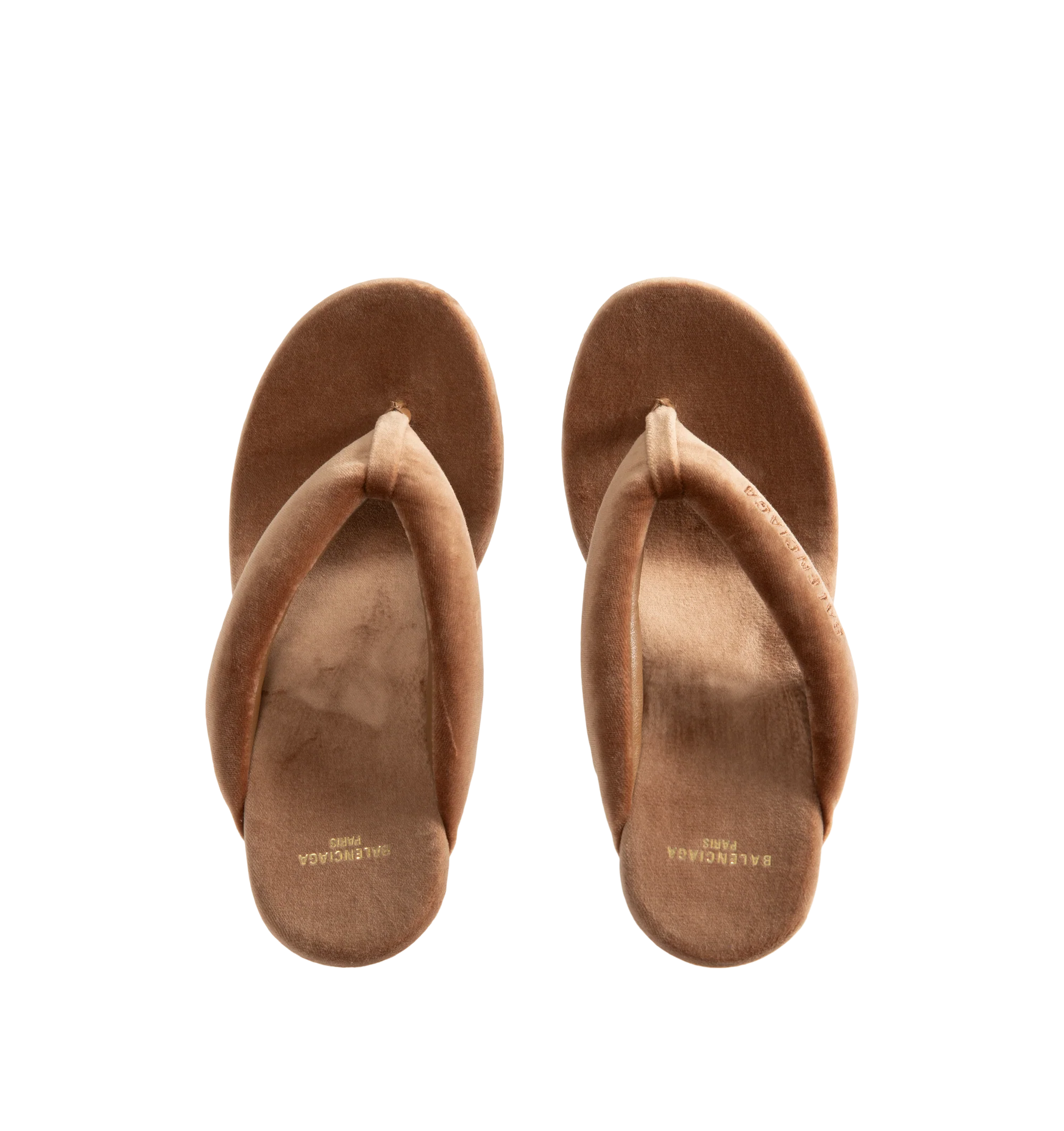 Image 4 of 4 - BROWN - Balenciaga Womens Gaeta Wedge Thong Sandals are crafted from a plush stretch velvet material. Feature a round toe, padded thong strap, slip-on design, 90mm arch wedge heel, and leather sole. Upper: cotton, viscose, elastane, Sole: calfskin, Insole: cotton, viscose, elastane. Made in Italy.