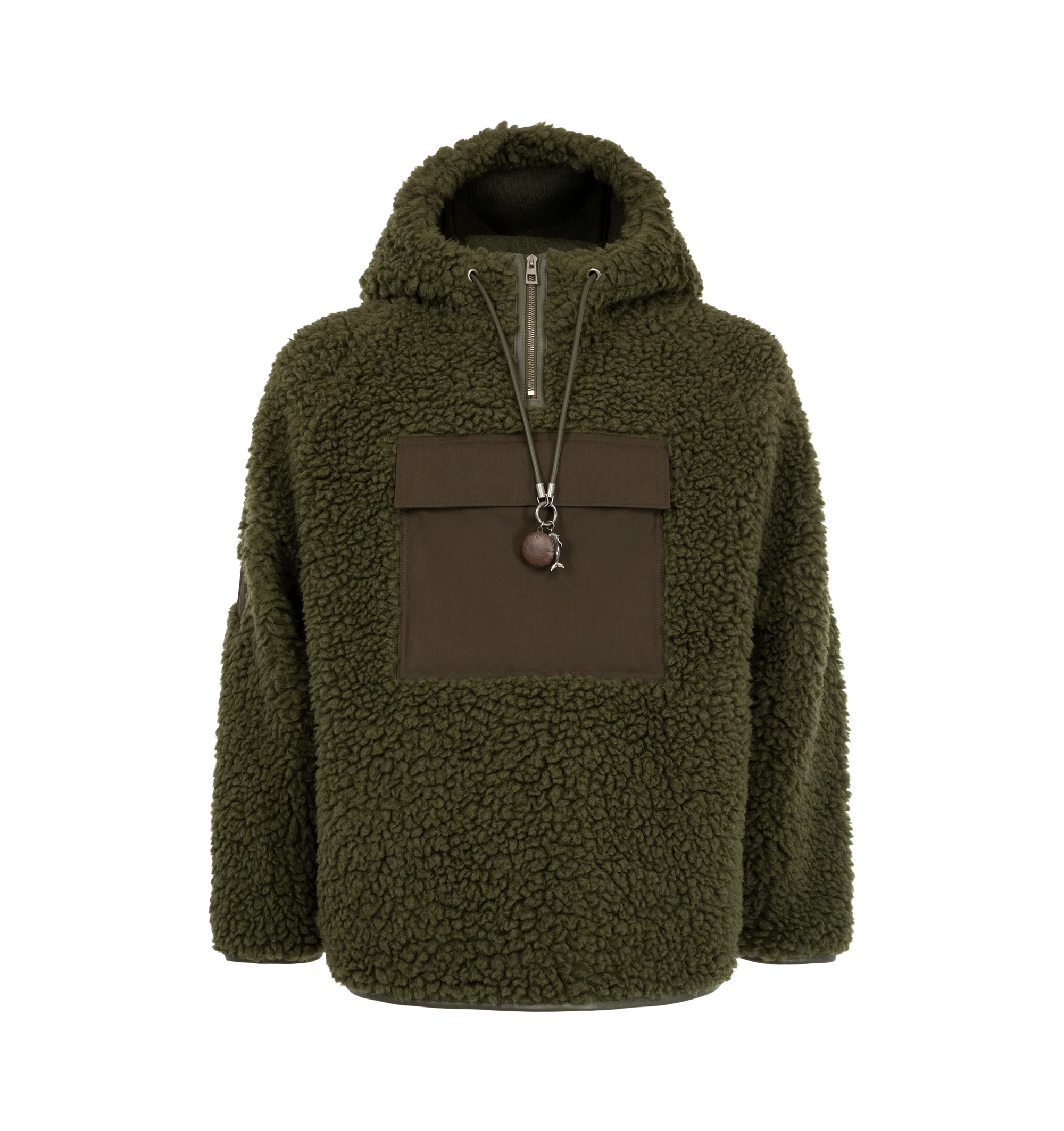 Image 1 of 3 - GREEN - Loewe Anorak is crafted from medium-weight khaki green polyester-and-wool fleece and features a relaxed fit with a regular length and zippered hooded collar. A leather drawstring with detachable whale and bottle-opener details, a contrasting front snap-flap pocket, a sleeve patch, front zip pockets, and leather-trimmed cuffs and hem complete the design. A debossed Double L leather patch accents the hood. Main Material: Polyester and Wool. Made in Italy.