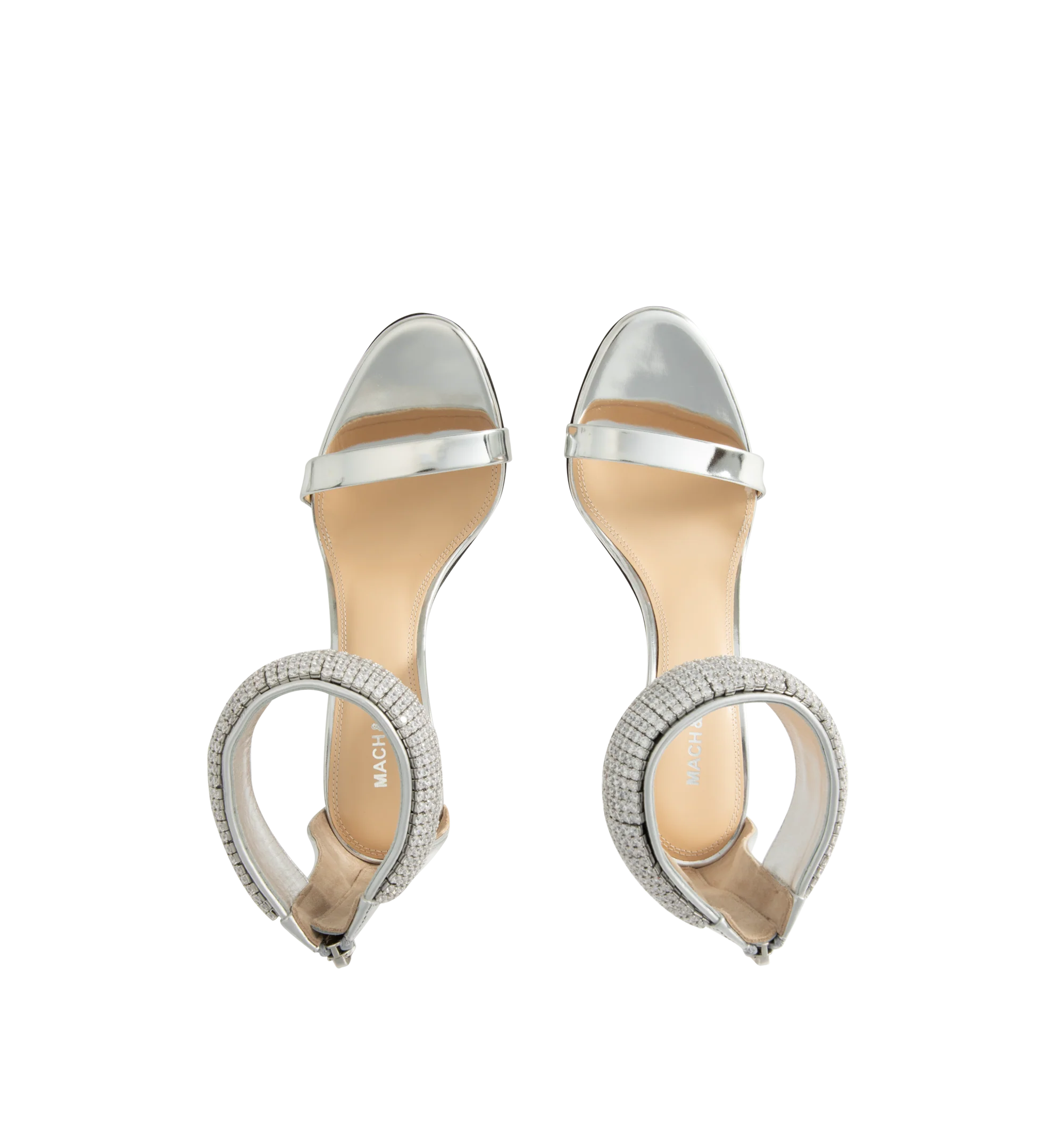 Image 4 of 4 - SILVER - Mach  Mach Women's She's A Lady Heeled Sandals are crafted from leather and feature an elegant round open-toe silhouette with a 95mm stiletto heel. Designed with crystal-embellished ankle detailing, a rear zip closure, leather lining, and a leather sole, the sandals offer a refined statement finish. Main Material: Calf Leather. Lining: 100% Leather. Sole: 100% Calf Leather. Made in Italy. 