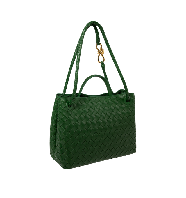 Image 2 of 4 - GREEN - BOTTEGA VENETA Andiamo Bag featuring top handle bag in supple Intrecciato leather with signature knot detail, sliding cross-body strap, compartmented interior with one zippered pocket, two open pockets and magnetic closure. 9.8 x 12.6 x 4.3. Lambskin. Made in Italy. This item may be restricted for online purchase to international clients. For assistance purchasing this item please contact our dedicated stylist team at personalshopping@hirshleifers.com. 