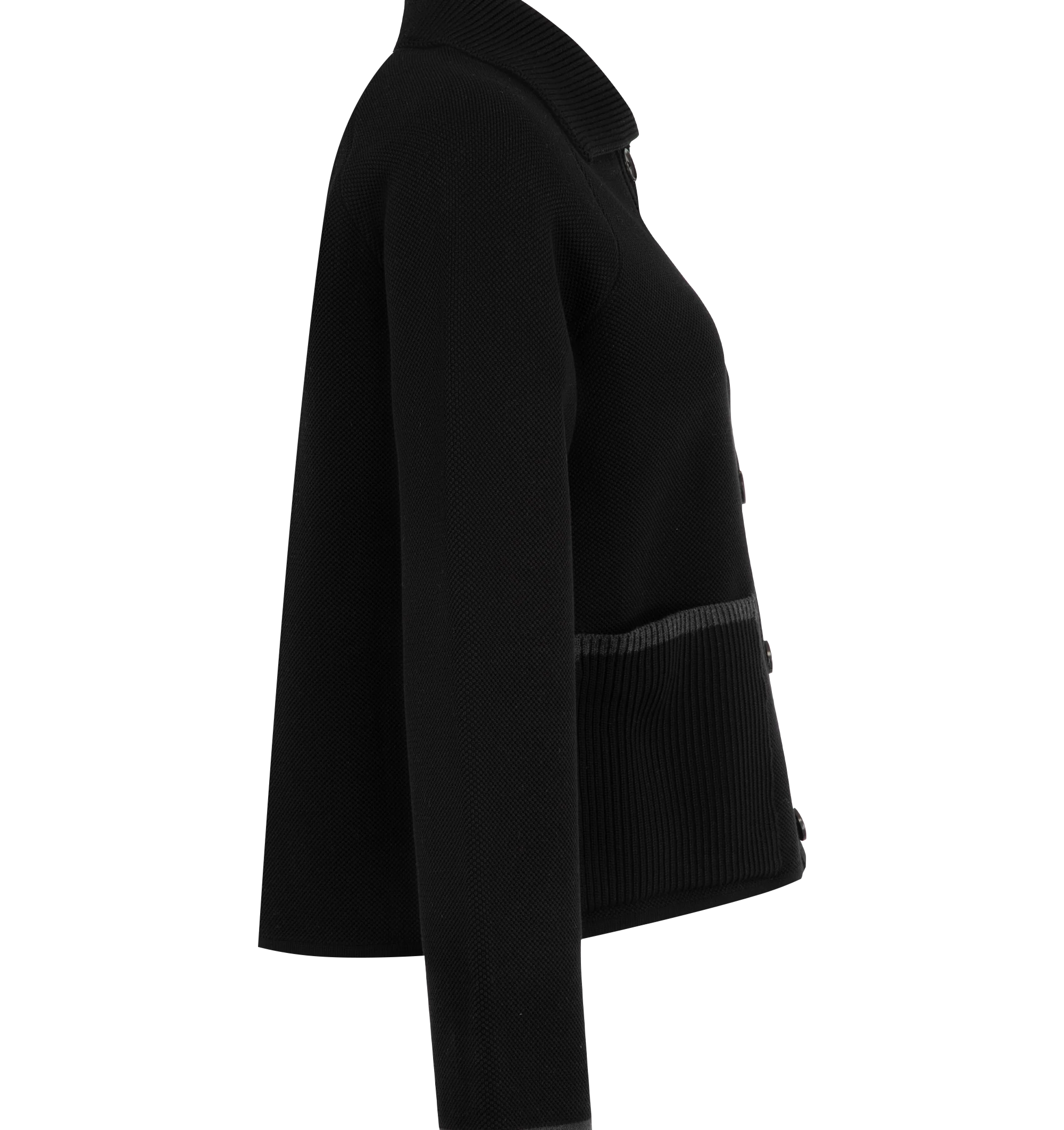 Image 3 of 3 - BLACK - Thom Browne Womens Double-Face Piqu Stitch Polo Collar Jacket is crafted from a virgin wool and cotton blend double-face piqu knit and features a rib-knit polo collar, front button closure, raglan sleeves, rib-knit patch pockets with contrast tipping, rib-knit cuffs and hem, signature 4-bar detailing, internal RWB grosgrain trim, and the signature striped grosgrain loop tab. Main Material: 50% Virgin Wool, 47% Cotton, 3% Polyamide. Made in Italy.