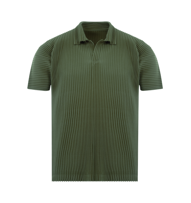 Image 1 of 2 - GREEN - ISSEY MIYAKE Polo featuring polo collar, short sleeves, regular fit and pleats throughout. 100% polyester.