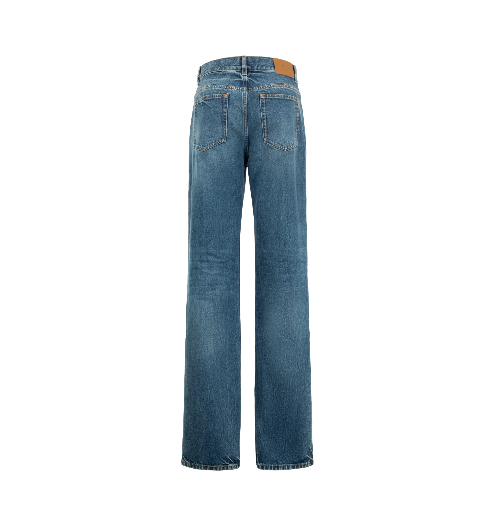 Image 2 of 3 - BLUE - Saint Laurent Women's Straight-Leg Nico Jeans are crafted from cotton denim and feature a button closure with a button fly and classic five-pocket construction. Saint Laurent Paris-embossed leather jacron at the back complete the design. Main Material: Cotton. Made in Italy. 