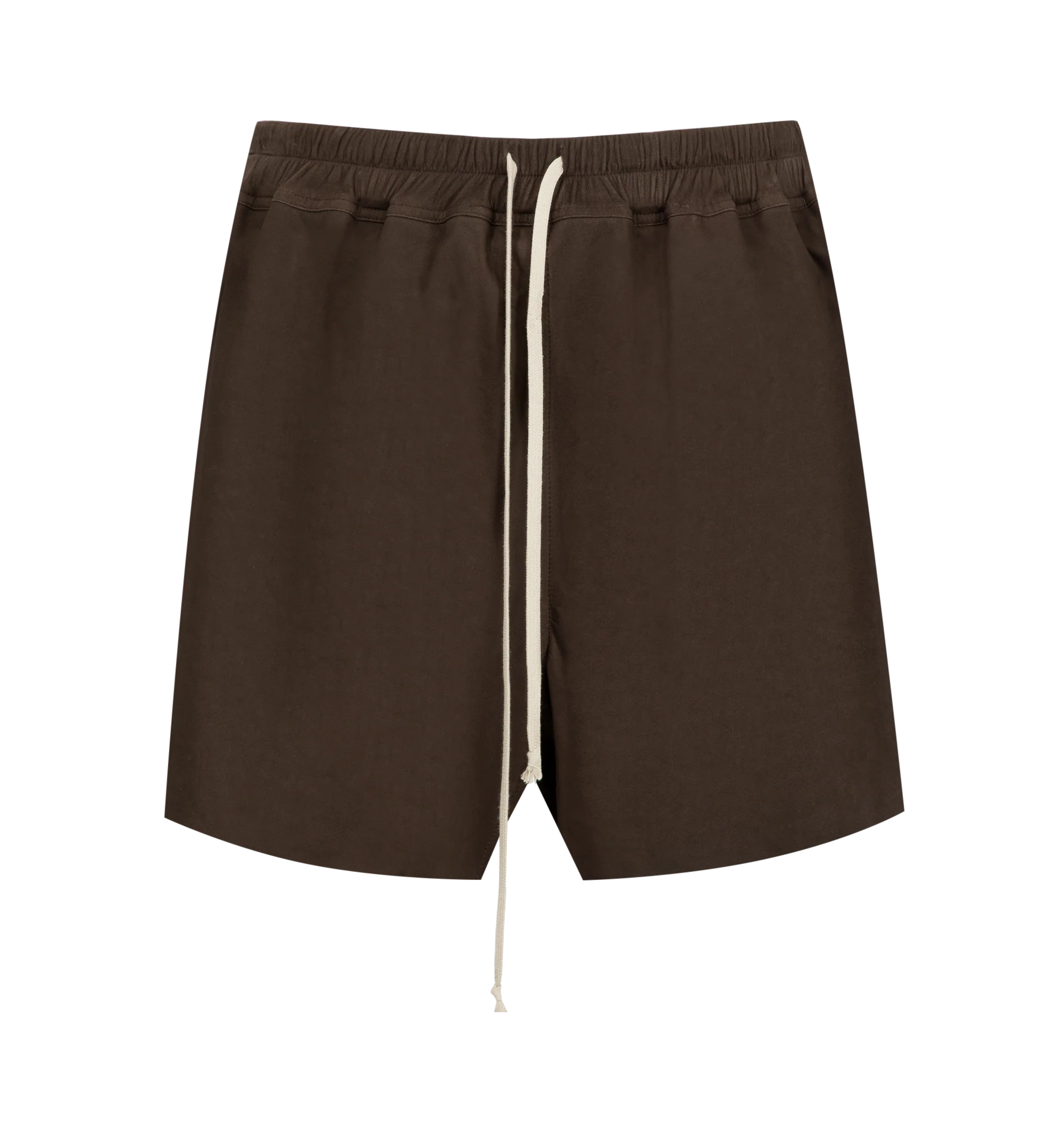 Image 1 of 3 - BROWN - Rick Owens Men's Leather Shorts are crafted from lambskin and feature an drawstring waistband, side pockets, and a contrasting hem, the style is finished with a smooth cupro lining for added comfort. Main Material: 100% lambskin. Lining: 100% cupro.