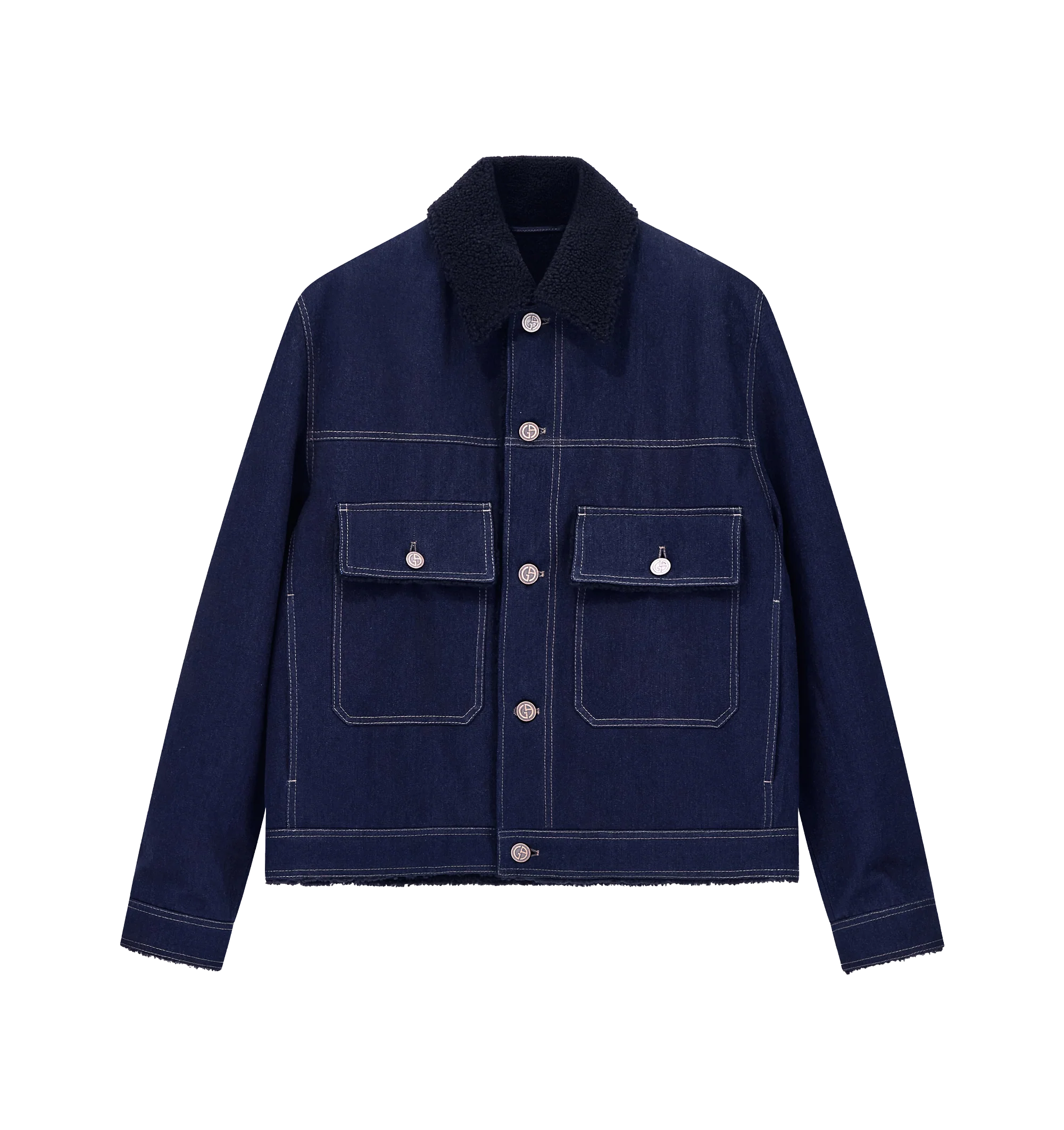 Image 1 of 1 - BLUE - Giorgio Armani Men's Patch Pocket Denim Shearling Jacket is crafted from a premium cotton and virgin wool blend, offering a refined take on a classic design. The luxurious shearling lining provides exceptional warmth and comfort, while patch pockets add a touch of effortless utility and style. Material: 63% Cotton, 37% Virgin Wool; Body Lining: 100% Shearling Lamb; Sleeve Lining: 63% Viscose, 37% Acetate.