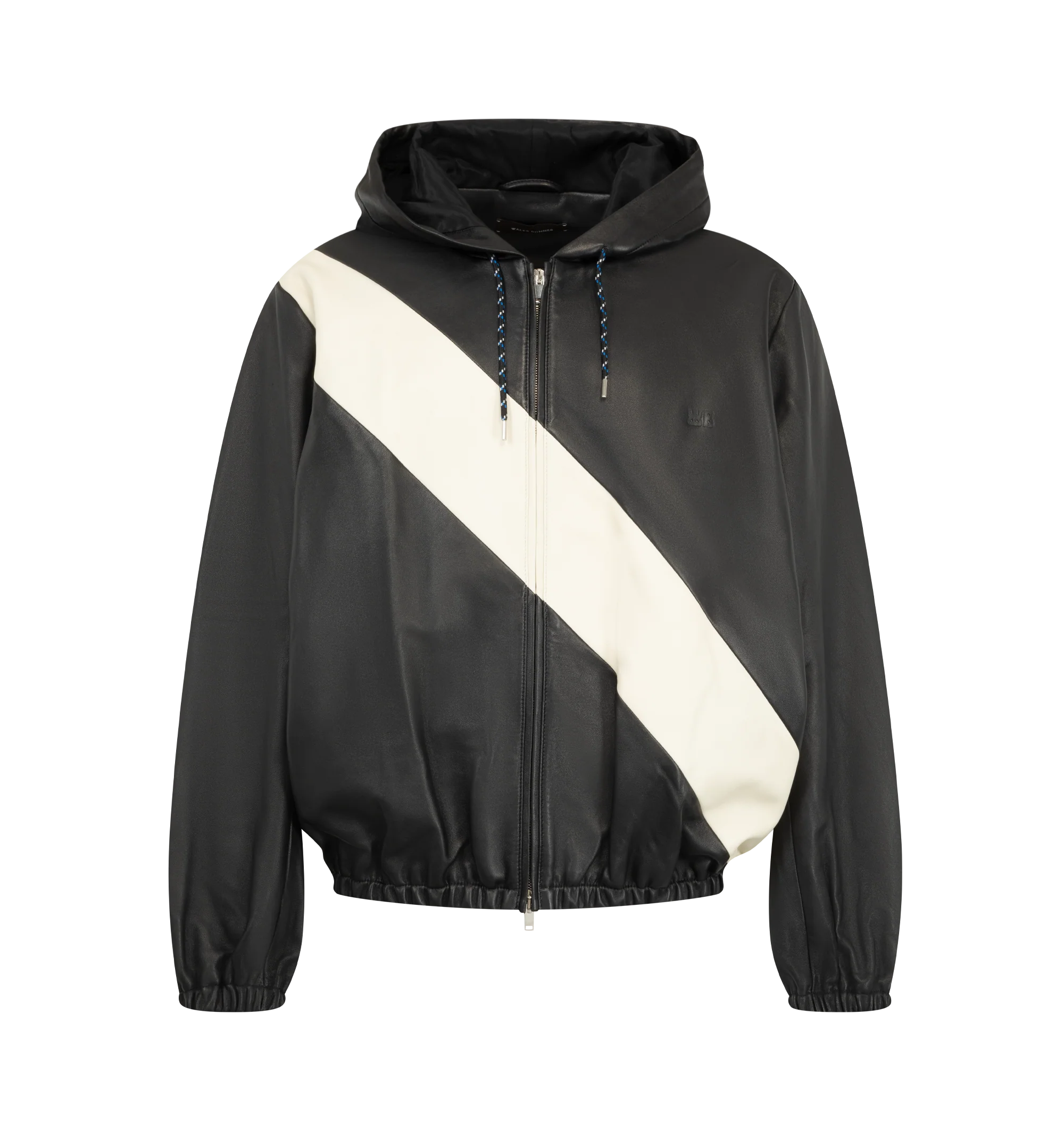 Image 1 of 3 - BLACK - Wales Bonner Men's Vista Leather Anorak is crafted from soft plong leather and technical twill and features a relaxed silhouette in a black and ivory colorway. Inspired by ceremonial dress, the design is detailed with a contrasting sash-style panel across the front, a drawstring hood, and a two-way zip closure. Finished with zip seam pockets, elasticized cuffs and hem, dropped shoulders, and an embossed logo at the chest. 68% Polyester, 18% Polyacrylic, 12% Rayon, 2% Polyurethane. Con
