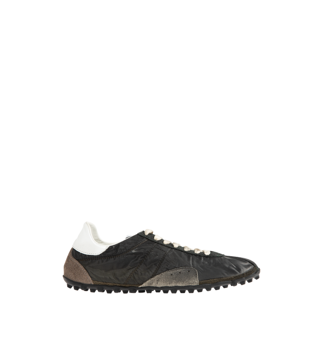 Image 1 of 5 - GREY - MAISON MARGIELA Sprinters Sneakers featuring low-top sneakers in drill cotton with vintage treatment, stripe down the center of the toe area, cleated rubber sole with numerical logo details, logo label on the tab and white stitching at the back. 54% polyester, 46% cotton. 100% calf leather. Made in Italy.