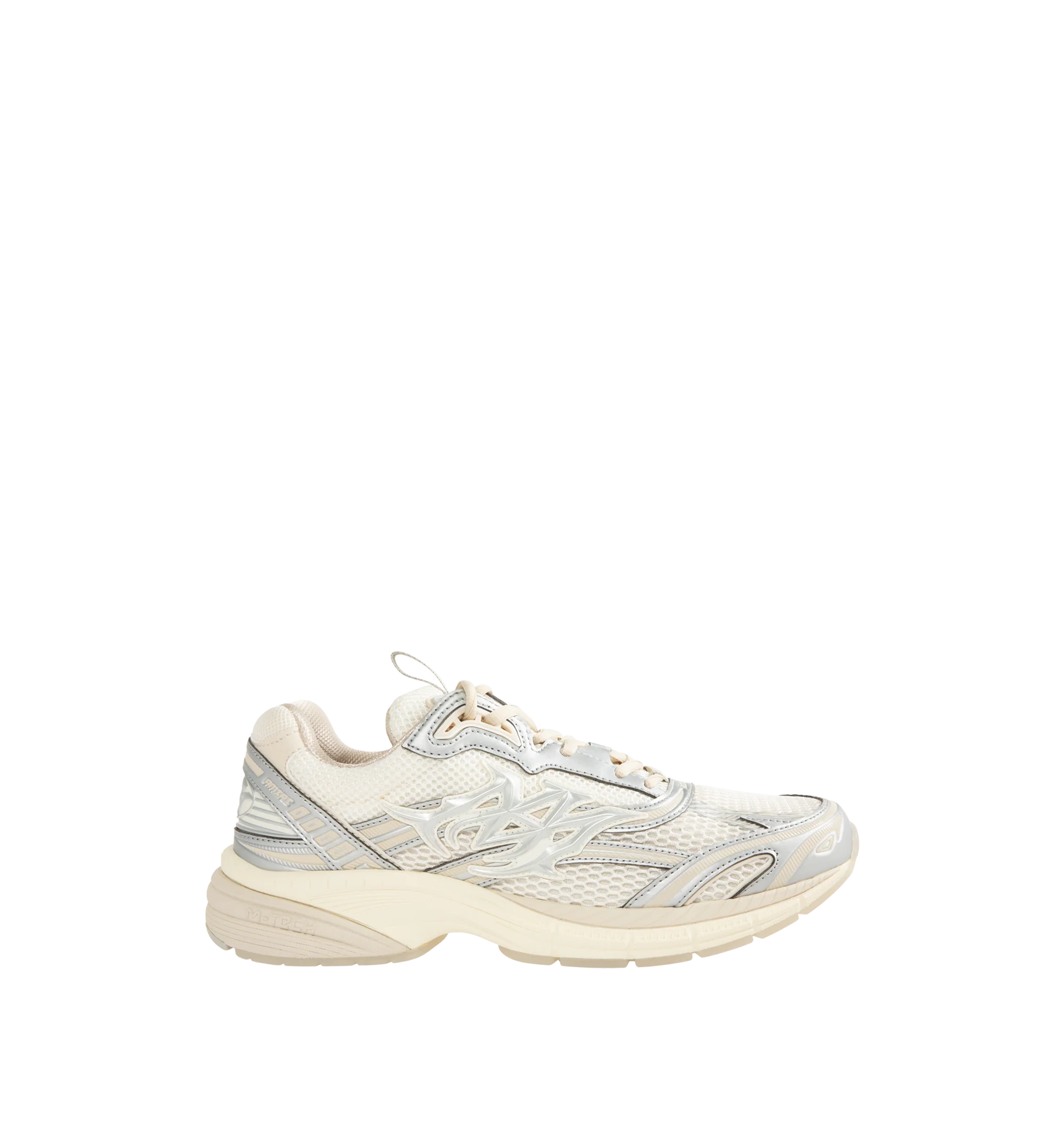 Image 1 of 5 - WHITE - Amiri Men's Metallic M-Tech Sneakers feature a mixed silver mesh-and-leather upper with metallic detailing and the signature MA icon. Inspired by technical running shoes, the design is set on a sculpted rubber sole. Main Material: 100% Polyurethane. Upper: Mesh and Leather. Sole: Rubber. Made in Vietnam.