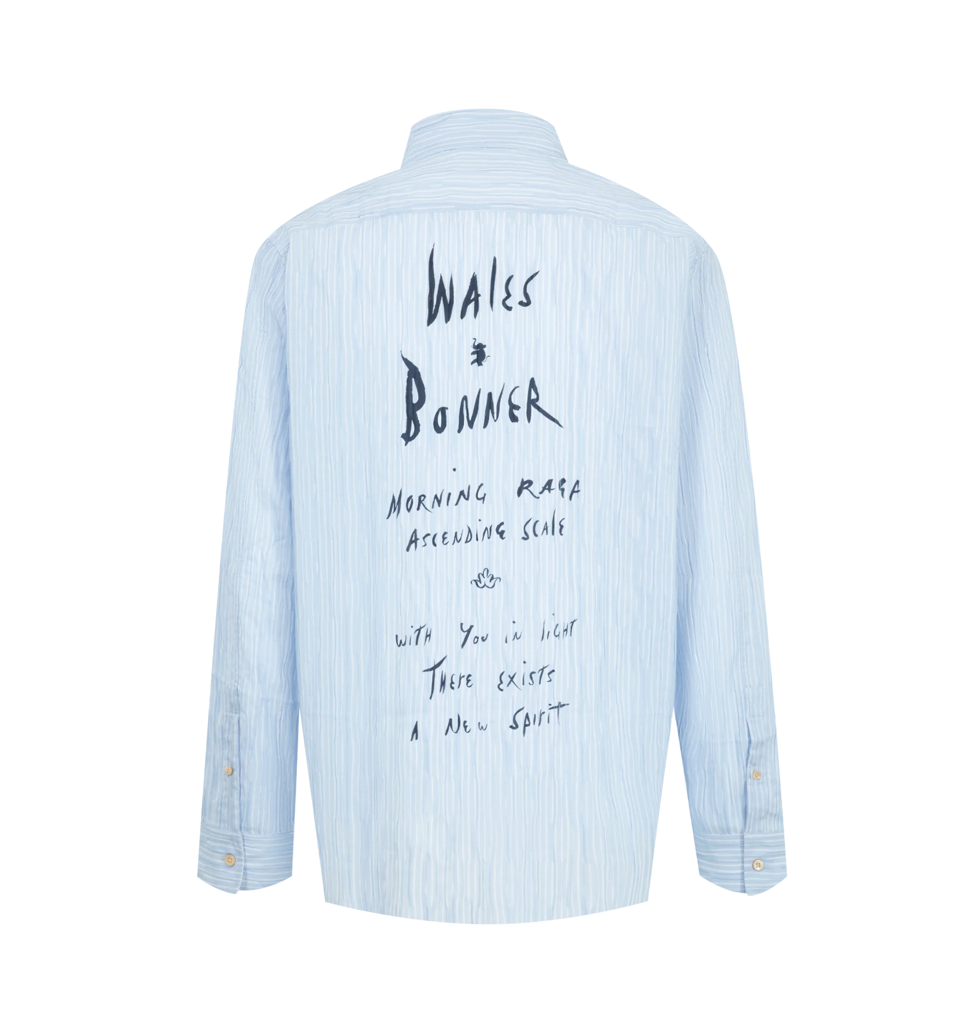 Image 2 of 2 - BLUE - Wales Bonner Men's Atlantic Shirt is crafted from soft cotton pliss stripe fabric and features a cornflower blue and white striped design. Tailored with a spread collar, button-front closure, buttoned barrel cuffs, and a shirttail hem, the shirt is finished with logo embroidery at the chest and a Morning Raga graphic print at the back. Main Material: 100% Cotton. Closure: Button Front. Collar: Spread Collar. Cuffs: Buttoned Barrel Cuffs. Detail: Logo Embroidery at Chest, Morning Raga G