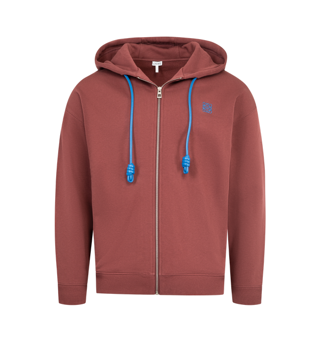 Image 1 of 2 - RED - LOEWE Zip-Up Hoodie in medium-weight loopback cotton fleece featuring a hooded collar with Flamenco-inspired leather drawstrings, relaxed fit, regular length, zip front fastening, ribbed cuffs and hem and anagram embroidery placed on the chest. Cotton. Made in Portugal.
