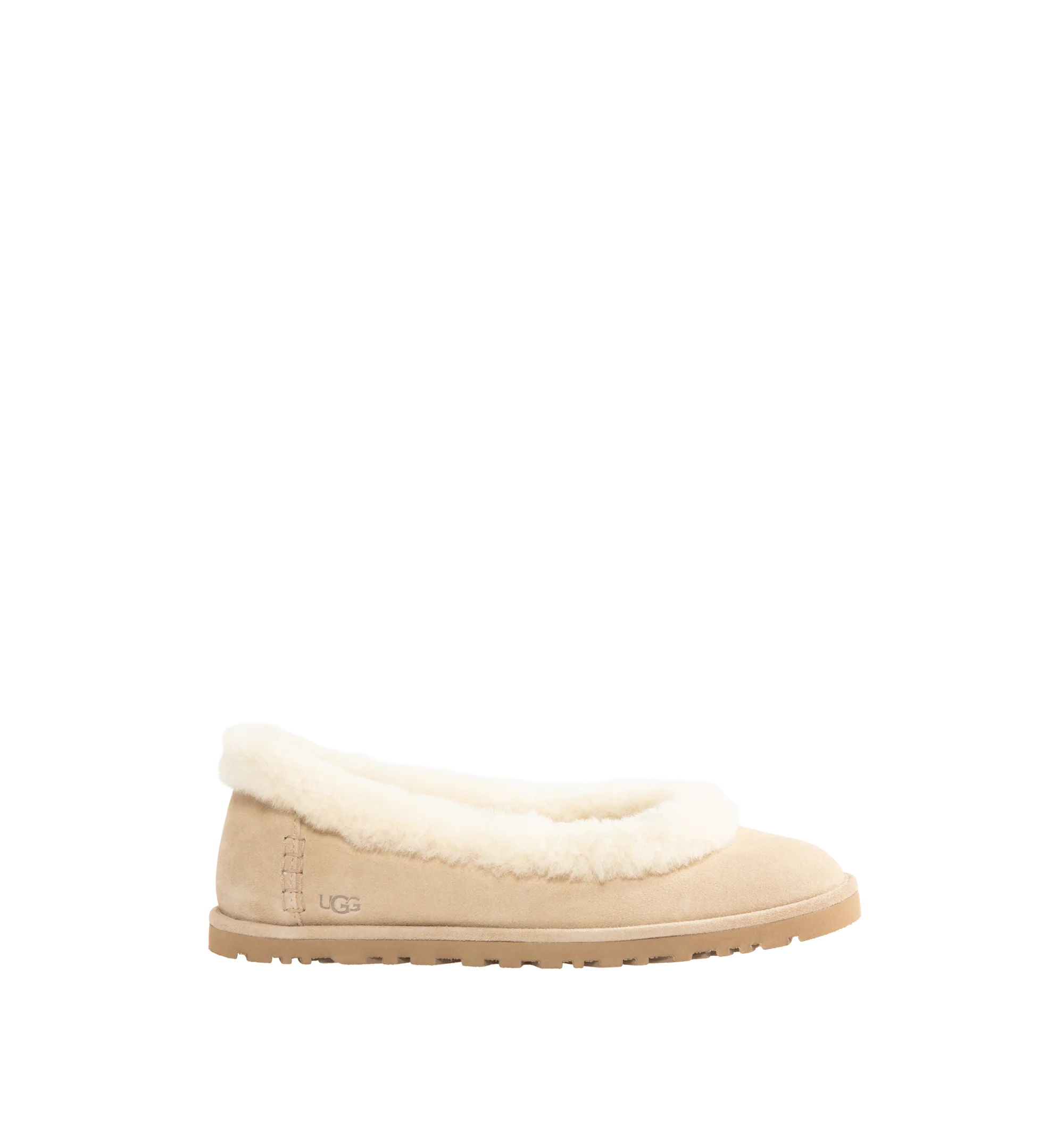 Image 1 of 4 - NEUTRAL - UGG women's Zora ballet flat crafted with a suede upper, plush sheepskin and lamb sockliner, a lightweight sugarcane EVA outsole, UGG Logo, heat-embossed and woven label with The UGG Logo on insole.