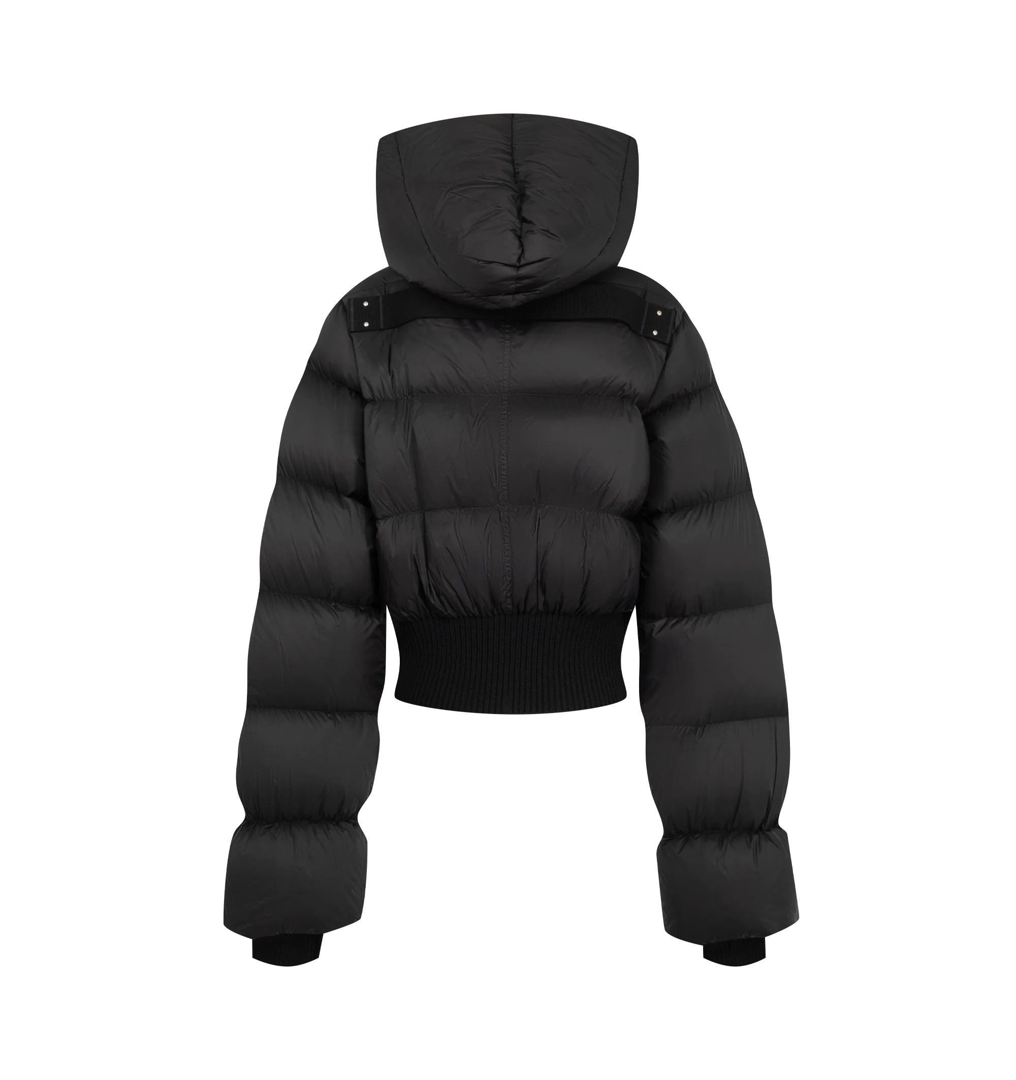 Image 2 of 3 - BLACK - Rick Owens Women's Cinched Hooded Jacket is crafted from lightweight matte nylon and features a waist-length silhouette with a hood and wide ribbed waistband and cuffs. Designed with a center-front zip closure with top snap, snap-closure side pockets, and a signature cotton webbing strap with rivet detailing across the back yoke. Main Material: 100% Polyamide. Rib Knit Trim: 93% Virgin Wool, 5% Nylon, 2% Elastane. Lining: 100% Cupro. Padding: 90% Goose Down, 10% Mallard Feathers. 