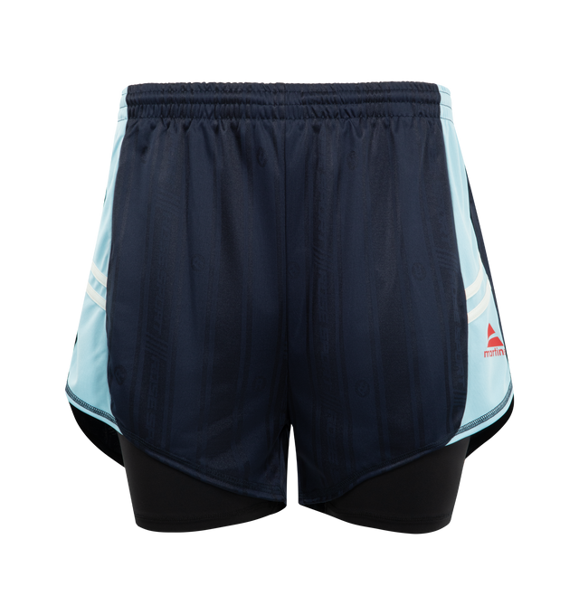 Image 1 of 3 - NAVY - MARTINE ROSE Double Football Shorts featuring regular fit, double-layer construction, striped pattern, elasticated drawstring waistband, contrast piping and printed logo. 100% polyester.