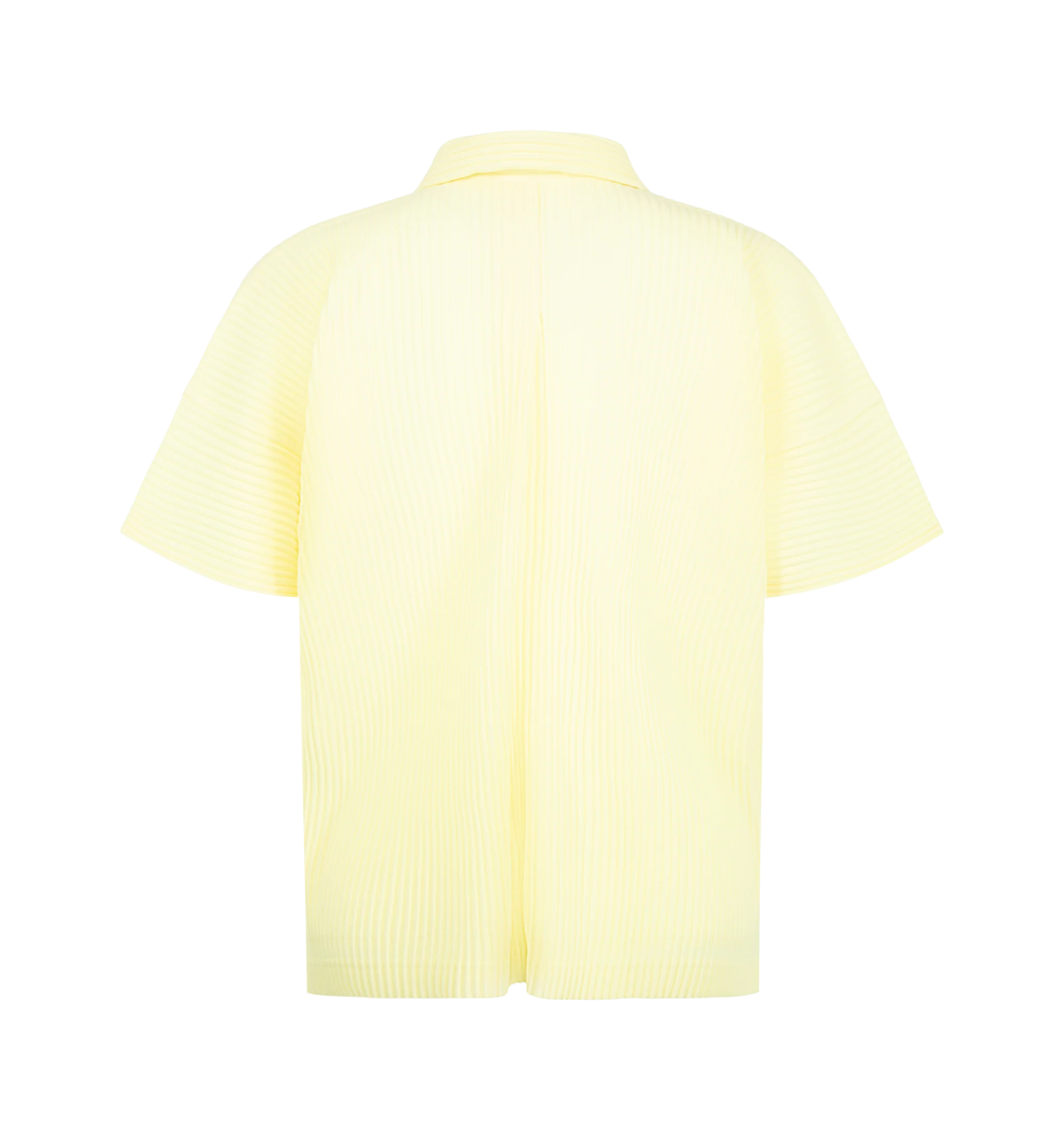 Image 2 of 2 - YELLOW - Issey Miyake Men's August Pleated Shirt is crafted from lightweight polyester and features the house's signature pleated construction throughout. Designed with a classic polo collar, short sleeves, and a button-down front, this designer shirt combines a refined polo-inspired silhouette with Issey Miyake's innovative approach to texture and textile design. Main Material: 100% Polyester.
