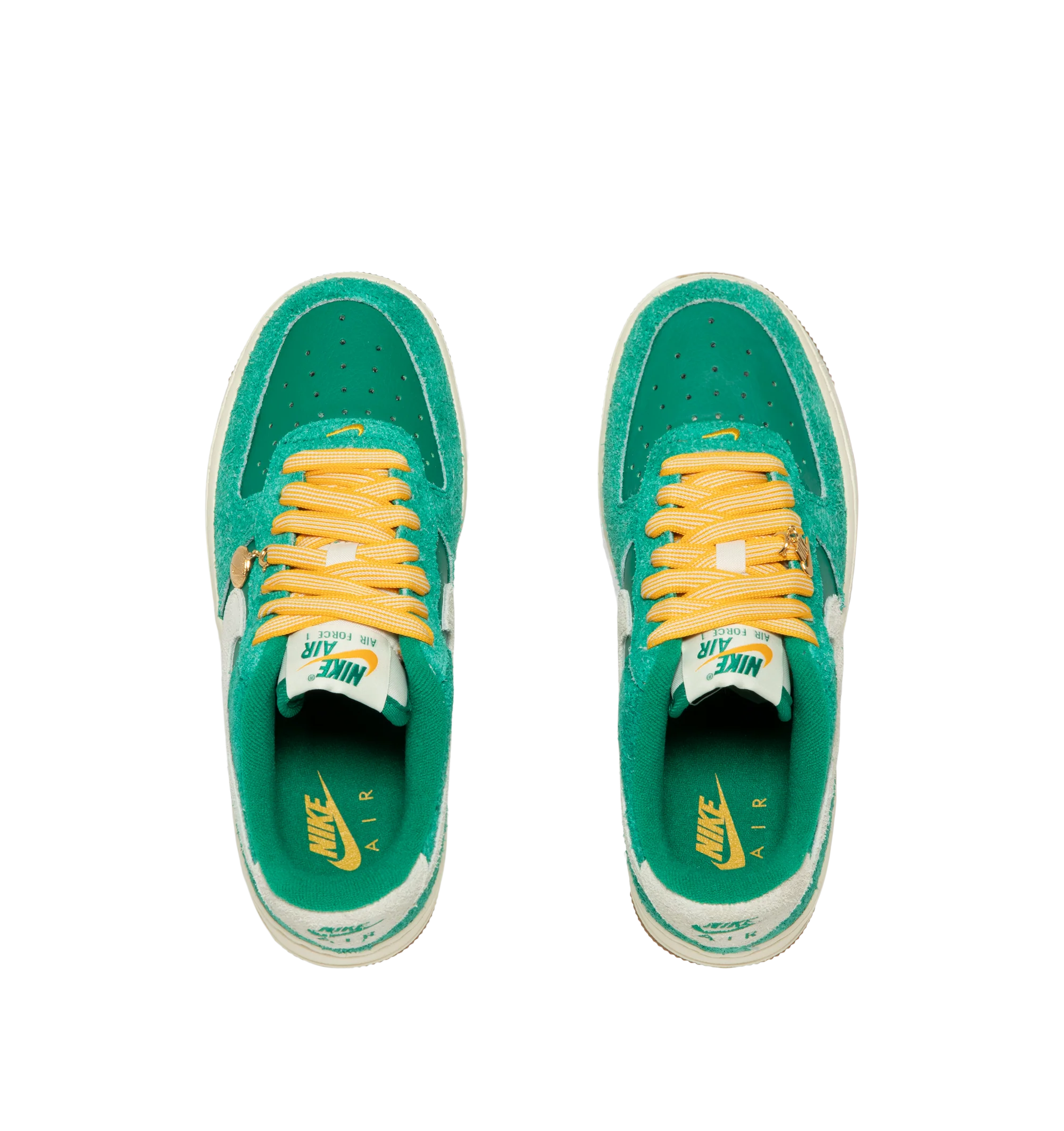 Image 5 of 5 - GREEN - Nike Women's Air Force 1 07' Game Day Sneakers feature a genuine and synthetic leather upper with a perforated toe box for breathable comfort and a timeless look. These iconic lifestyle sneakers combine lightweight Nike Air cushioning, a padded collar, and a durable rubber outsole with classic pivot-circle traction for everyday wear. Clip-on charms add a customizable finishing touch. Main Material: Genuine Leather and Synthetic Leather. Midsole: Foam with Nike Air Unit. Sole: Rubber.