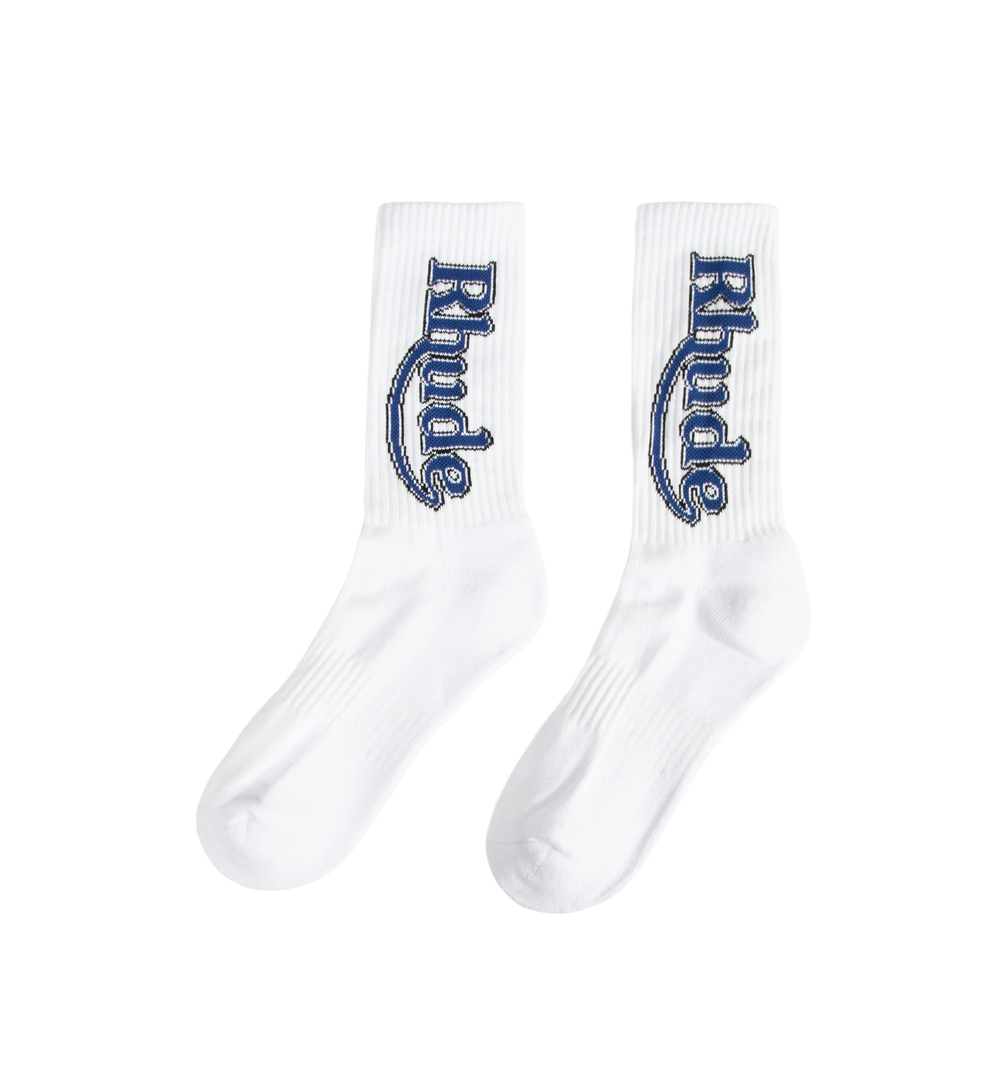 Image 2 of 2 - WHITE - Rhude Mens Vertical Race Trackt Socks are crafted from a cotton, polyester, and spandex blend. Feature a ribbed jersey construction and signature vertical Rhude logo. Main Material: 80% Cotton, 12% Polyester, 8% Spandex.