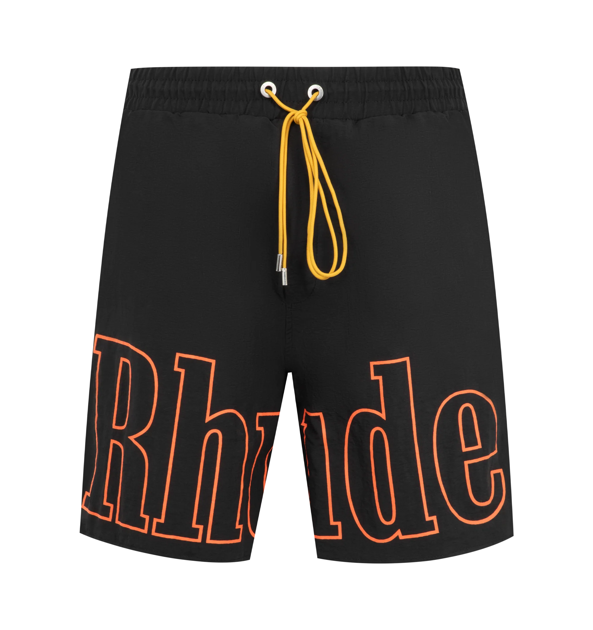 Image 1 of 3 - BLACK - Rhude Mens Nylon Shorts are crafted from premium washed nylon. Feature logo print across the front legs, twin pockets, and extended drawstrings. Main Material: 100% Nylon. Made in the USA.