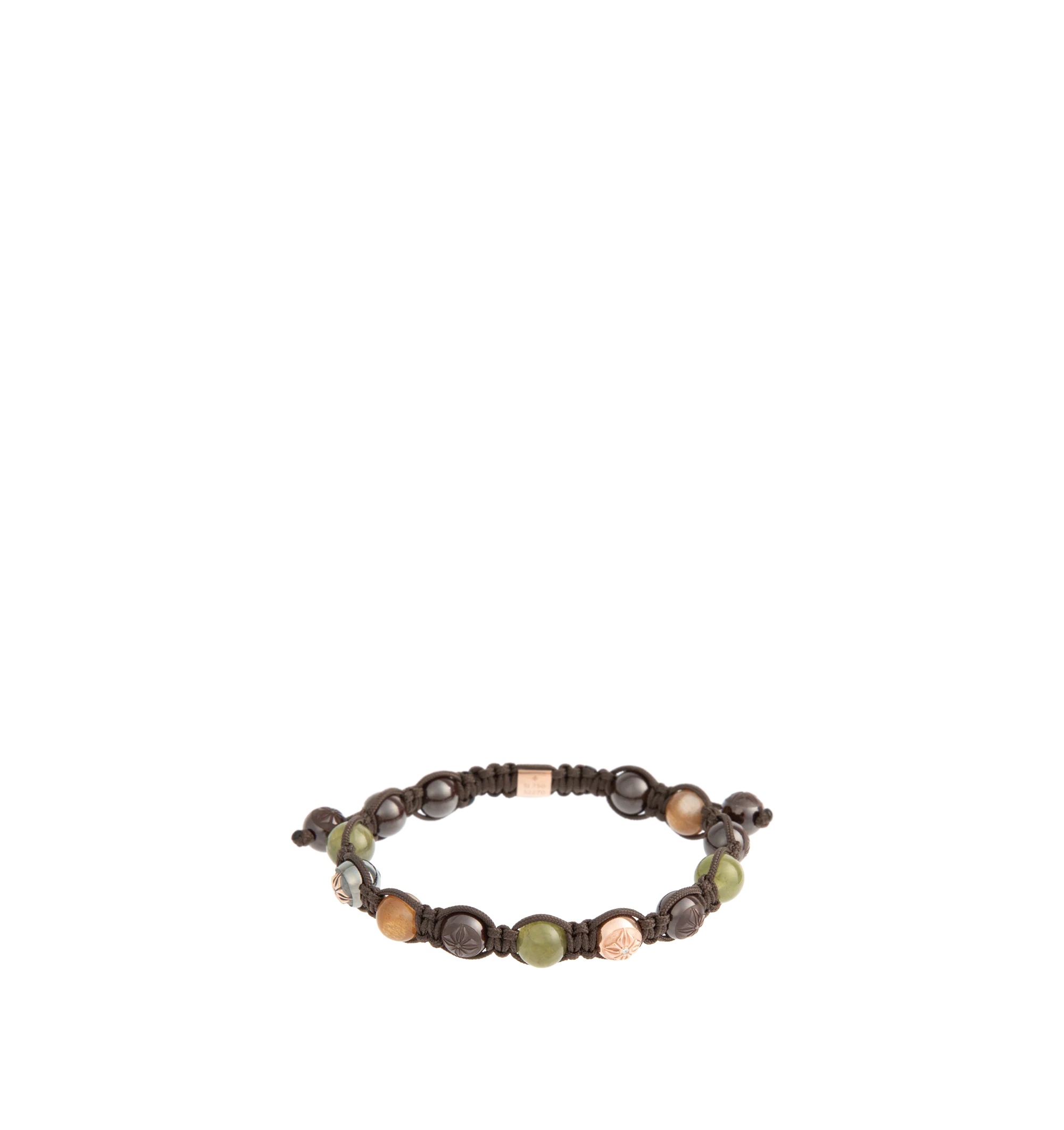 Image 1 of 2 - BROWN - Shamballa Jewels Braided Bracelet featuring an 18K rose gold lock with black rhodium plating, black and G/VS natural diamonds, green sapphires, light brown moonstones, brown ceramic beads, and a dusty brown braided cord. For personal consultation and detailed information about jewelry, please contact our dedicated stylist team at personalshopping@hirshleifers.com.This item may be restricted for online purchase to international clients. For assistance purchasing this item please contac
