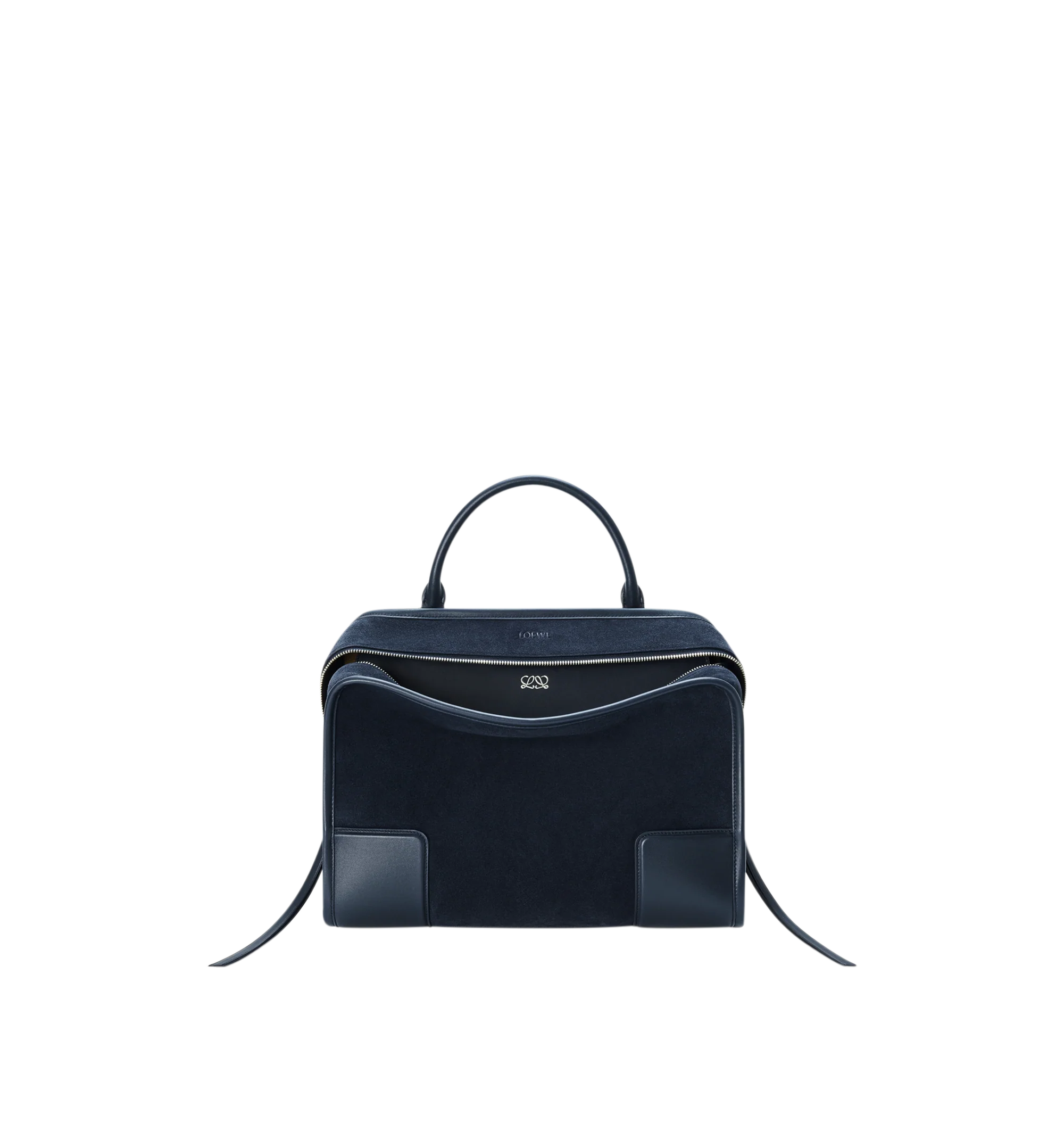 Image 1 of 16 - NAVY - Loewe Large Amazona 180 Bag in suede featuring a relaxed silhouette anchored by a single toron top handle, designed to be carried open while a concealed closure secures the main compartment, removable shoulder and crossbody straps, zip closure with two leather zip pullers, two compartments, main compartment closed with magnetic closure, internal flat pocket, left side d-ring for customization, suede and nappa lambskin lining, embossed LOEWE and embossed double L branding. Suede/calf.