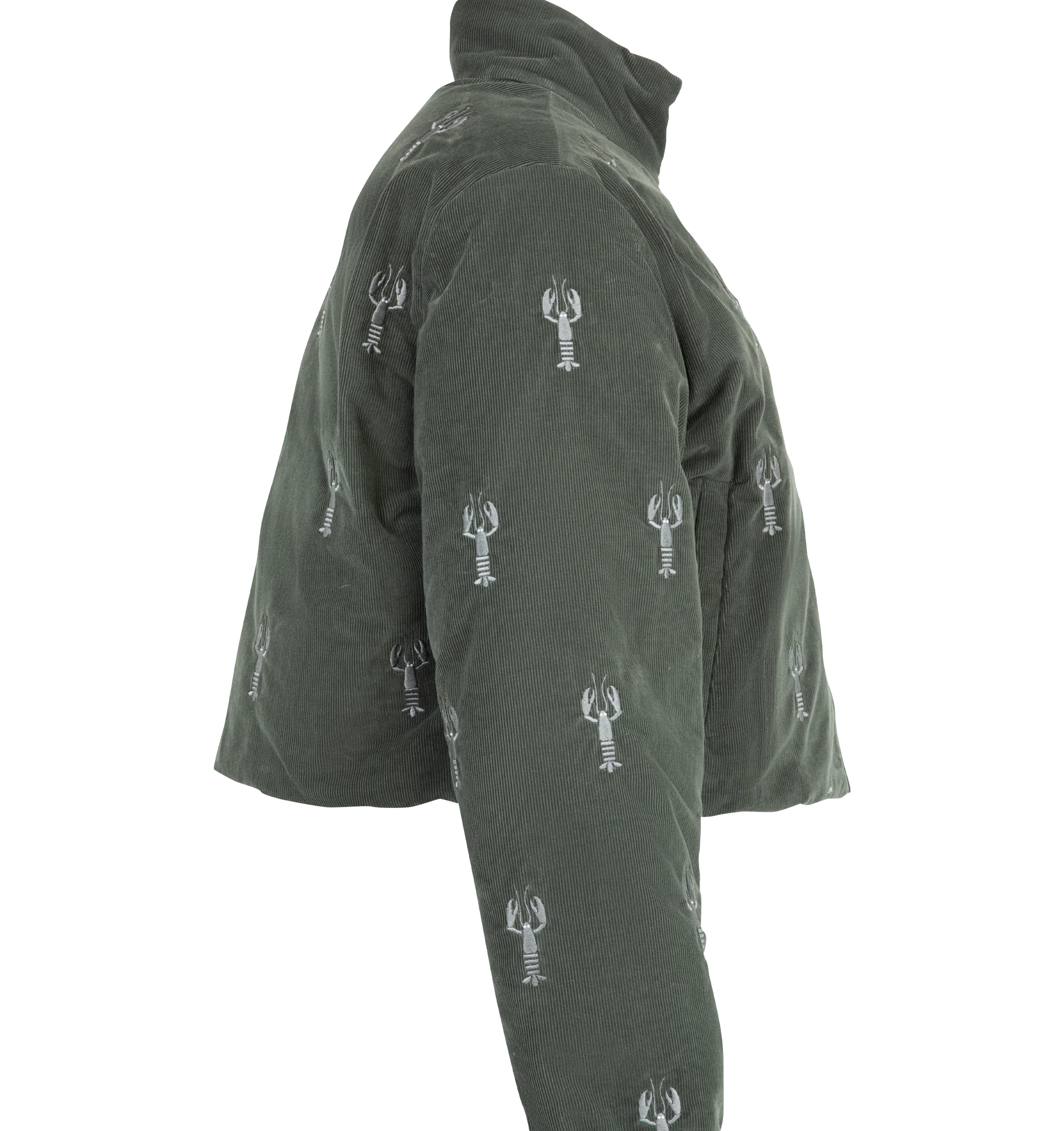 Image 3 of 3 - GREEN - Thom Browne Womens Reversible Cropped Down Jacket is crafted from cotton corduroy and features a reversible design, stand collar, two-way zip and snap-front closures, welt hand pockets, elasticized cuffs, drawcord hem, allover lobster embroidery, signature 4-bar detailing, and the signature striped grosgrain loop tab. This designer cropped puffer jacket combines lightweight goose down insulation with a versatile reversible silhouette for elevated everyday layering. Main Material: 100% 