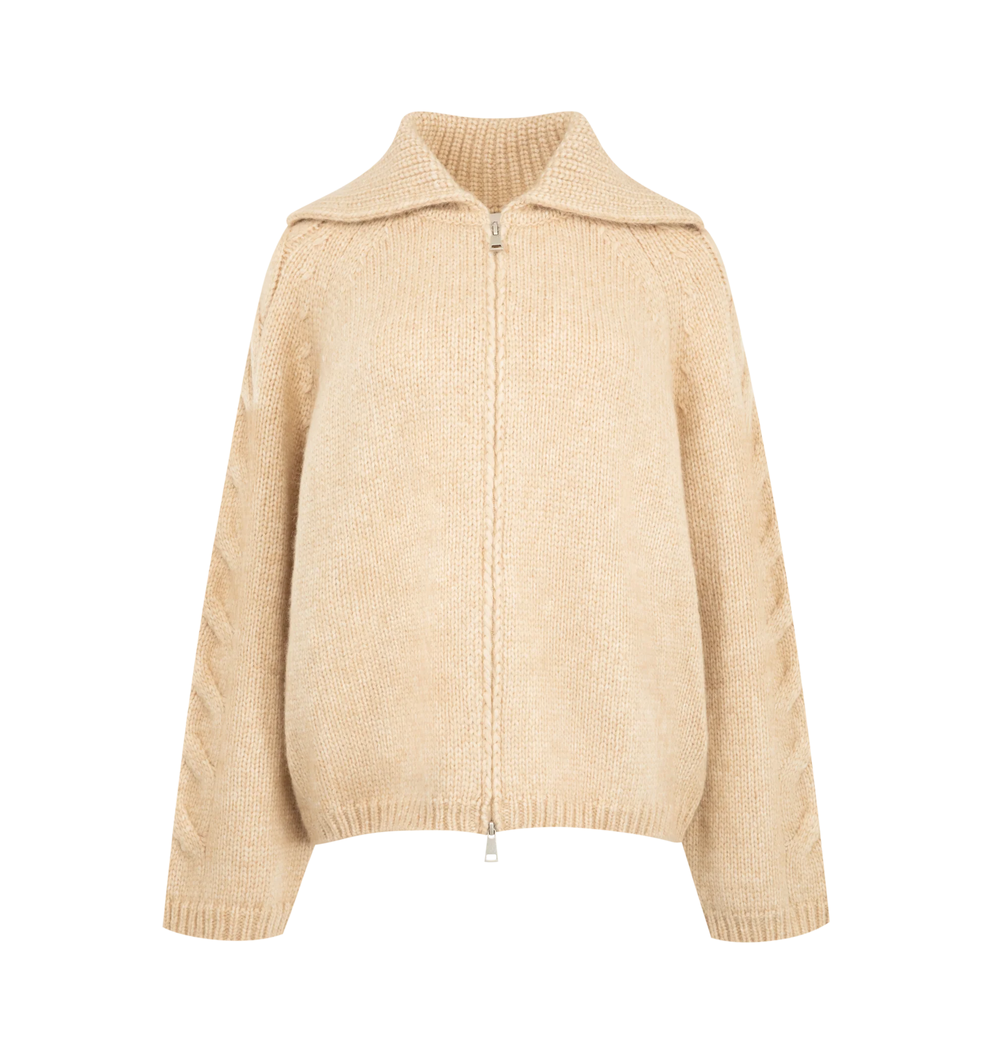 Image 1 of 1 - NEUTRAL - Moncler Women's Alpaca Blend Cardigan is crafted from a soft and tactile alpaca, nylon, and wool blend and features a loose, relaxed silhouette with cable-knit detailing along the sleeves. Designed in a chunky gauge 3 knit, this designer cardigan is finished with a zipper closure and signature Moncler logo patch for a refined take on a seasonless knitwear staple. Main Material: 43% Alpaca, 36% Polyamide/Nylon, 21% Wool. Fit: Loose. Closure: Zipper. Made in Romania.
