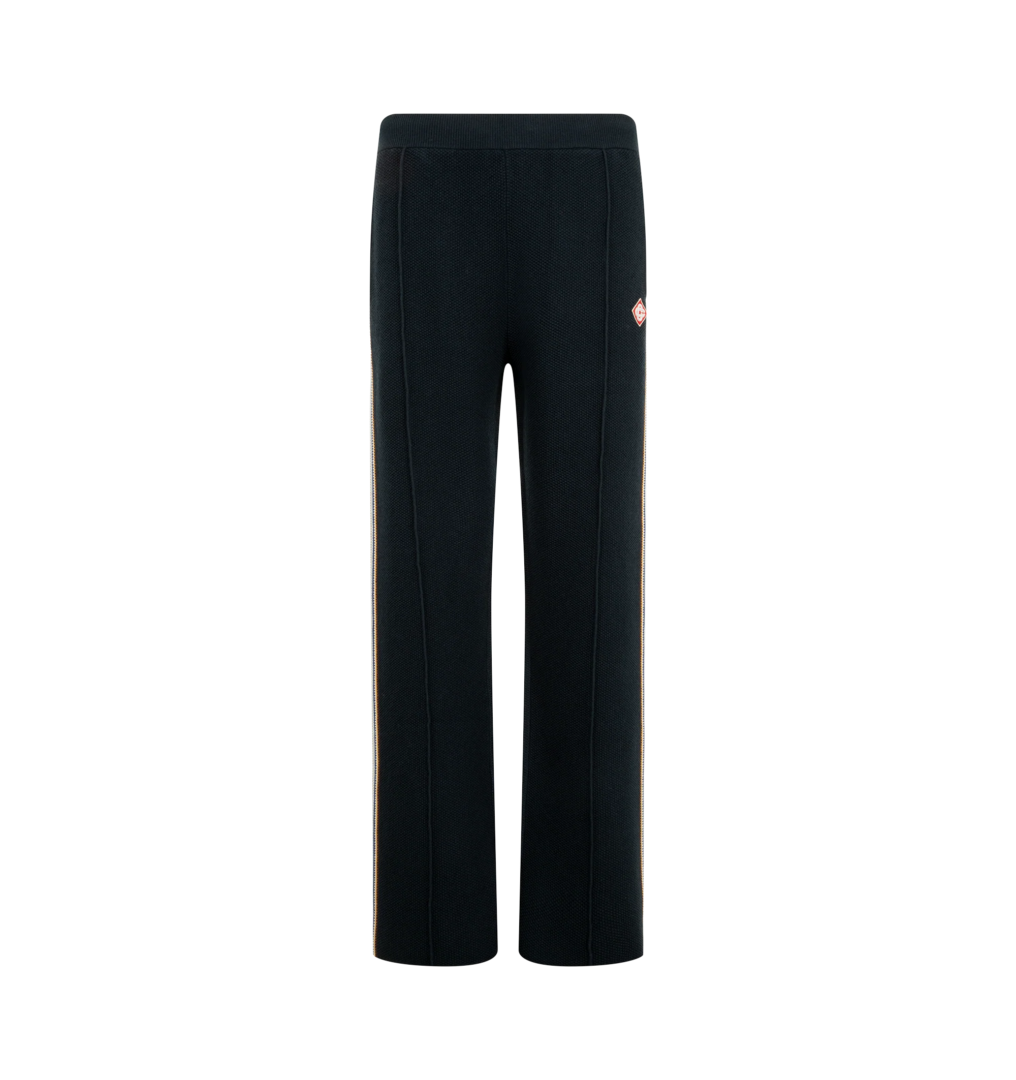 Image 1 of 3 - BLUE - Casablanca Men's Caf Stripe Track Trousers are crafted from a cotton-wool blend and feature a relaxed straight-leg silhouette. Designed with an elasticized waistband and drawstring fastening, these track trousers are detailed with side pockets, a back patch pocket, pin-tuck seams at the front. Main Material: 50% Cotton, 48% Wool, 1% Polyamide, 1% Elastane. Embroidery: 100% Viscose.