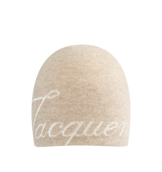 Image 1 of 2 - CHAMPAGNE - JACQUEMUS Jacquard Logo Beanie featuring knit beanie in wool and cashmere, unfolded shape and jacquard logo on the front. 70% virgin wool, 30% cashmere. Made in Italy.