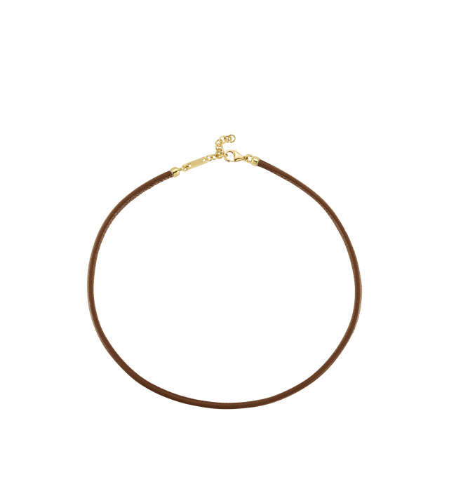 Image 1 of 1 - BROWN - JEMMA WYNNE Love Notes Brown Leather Cord Choker featuring 18k Yellow Gold, 3mm Genuine Leather Cord and Adjustable length 14"-16". Cheap Luxury Handbag Shop offers a range of initial pieces from this collection in-store. For personal consultation and detailed information about jewelry, please contact our dedicated stylist team at personalshopping@hirshleifers.com.