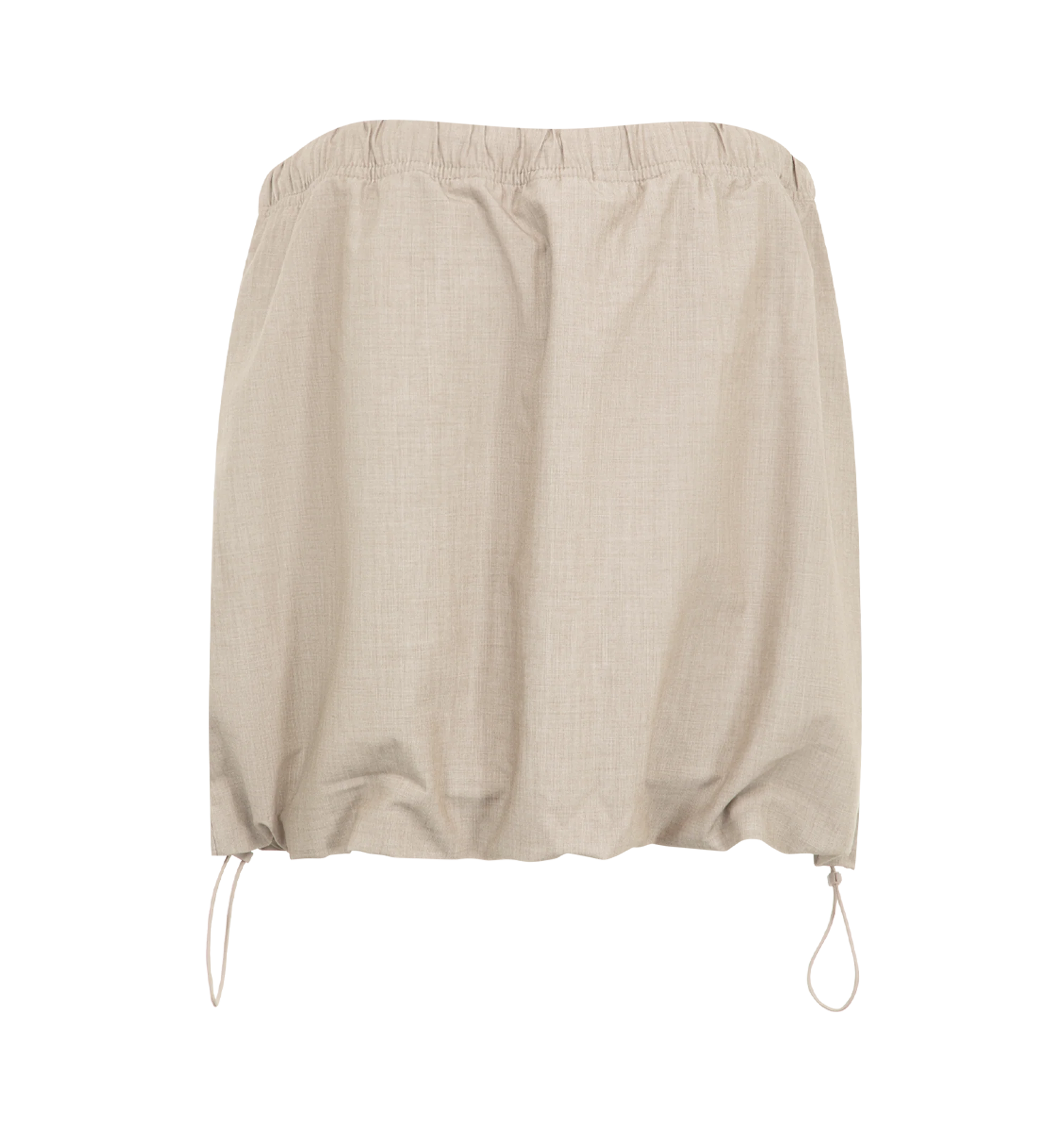 Image 2 of 3 - NEUTRAL - The Fear Of God Essentials Women's Micro Skirt is crafted from a silk stretch blend for elevated comfort. This mini silhouette features an encased elastic waistband with bungee drawcords and adjustable toggles at the waist and hem. Materials: 69% Polyester, 19% Silk, 8% Wool, 4% Spandex.