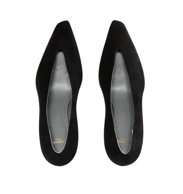 Image 4 of 4 - BLACK - BALENCIAGA Duchesse Pump 90mm featuring suede goatskin, asymmetrical pointed toe, deep v neck vamp, 90mm arch, Balenciaga Paris logo on the insole, small gold perforations on the edges of the insole, two golden studs on the outsole, semi-glossy tone-on-tone heel and beige suede-like sole. Upper: goatskin. Sole: calfskin. Insole: sheepskin. Made in Italy.