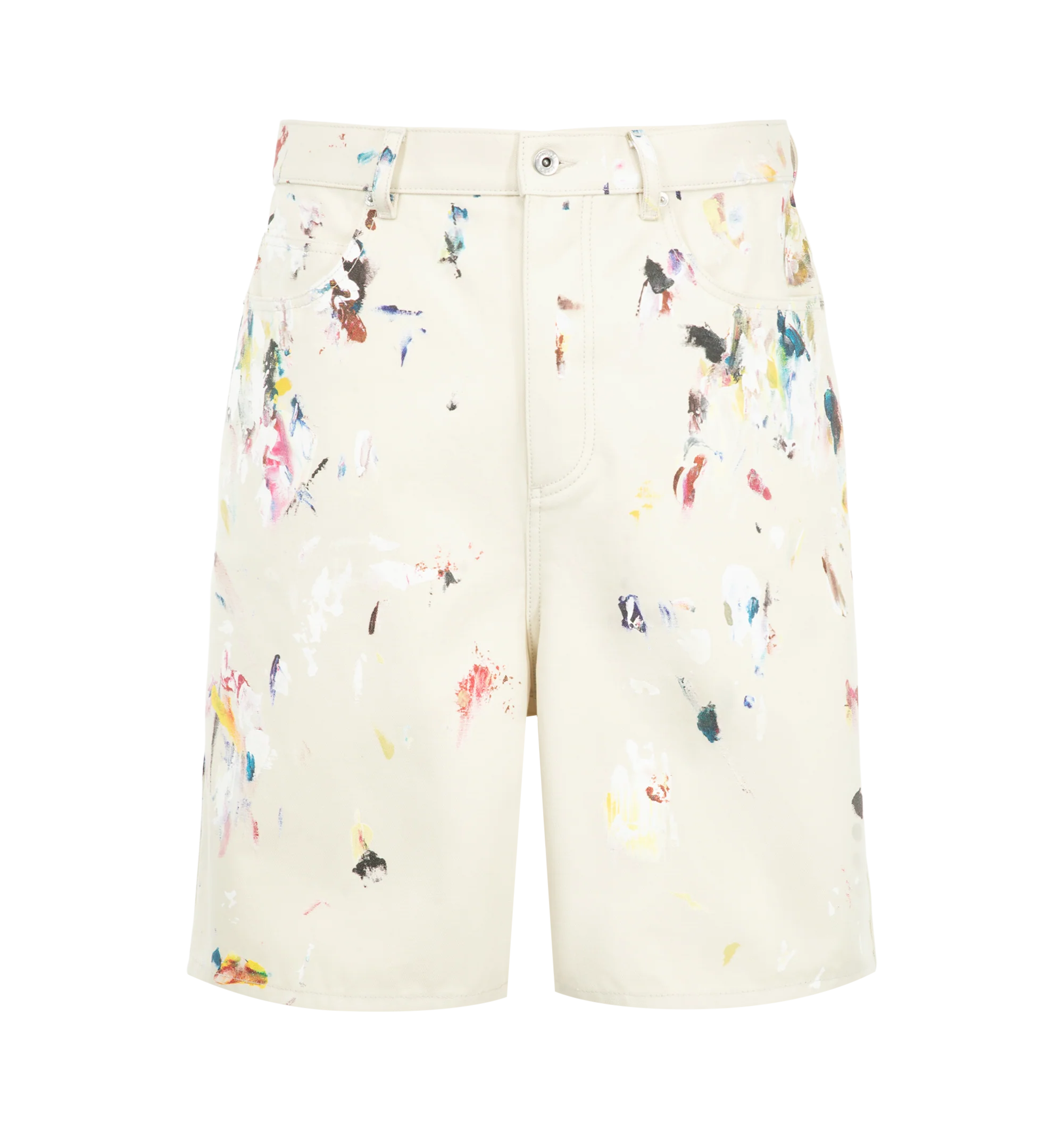 Image 1 of 3 - MULTI - Bottega Veneta Men's Paint Splatter Shorts are crafted from 100% cotton canvas material and feature an allover paint splatter motif that coordinates with a matching shirt. Designed in a clean, tailored silhouette, these shorts feature a button closure, belt loops, side pockets, and back welt pockets. Main Material: 100% Cotton. Closure: Button and Zip Fly. Pockets: Side Pockets, Back Welt Pockets. Made in Italy.