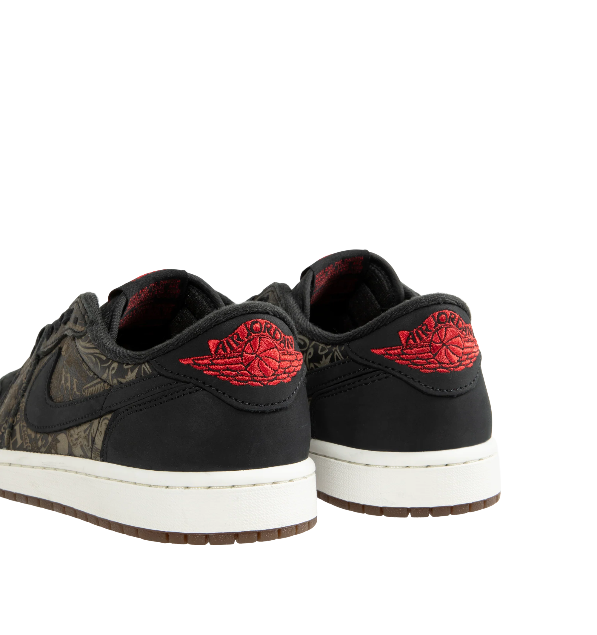 Image 3 of 5 - MULTI - Jordan Men's Air Jordan 1 Low OG "Laser" Sneakers feature a genuine leather upper in Black, Summit White, and Varsity Red. Inspired by the original 1985 silhouette, the low-top design is finished with a foam midsole, encapsulated Air-Sole cushioning, and a solid rubber outsole for durable traction. Upper: Genuine Leather. Midsole: Foam. Sole: Rubber. 