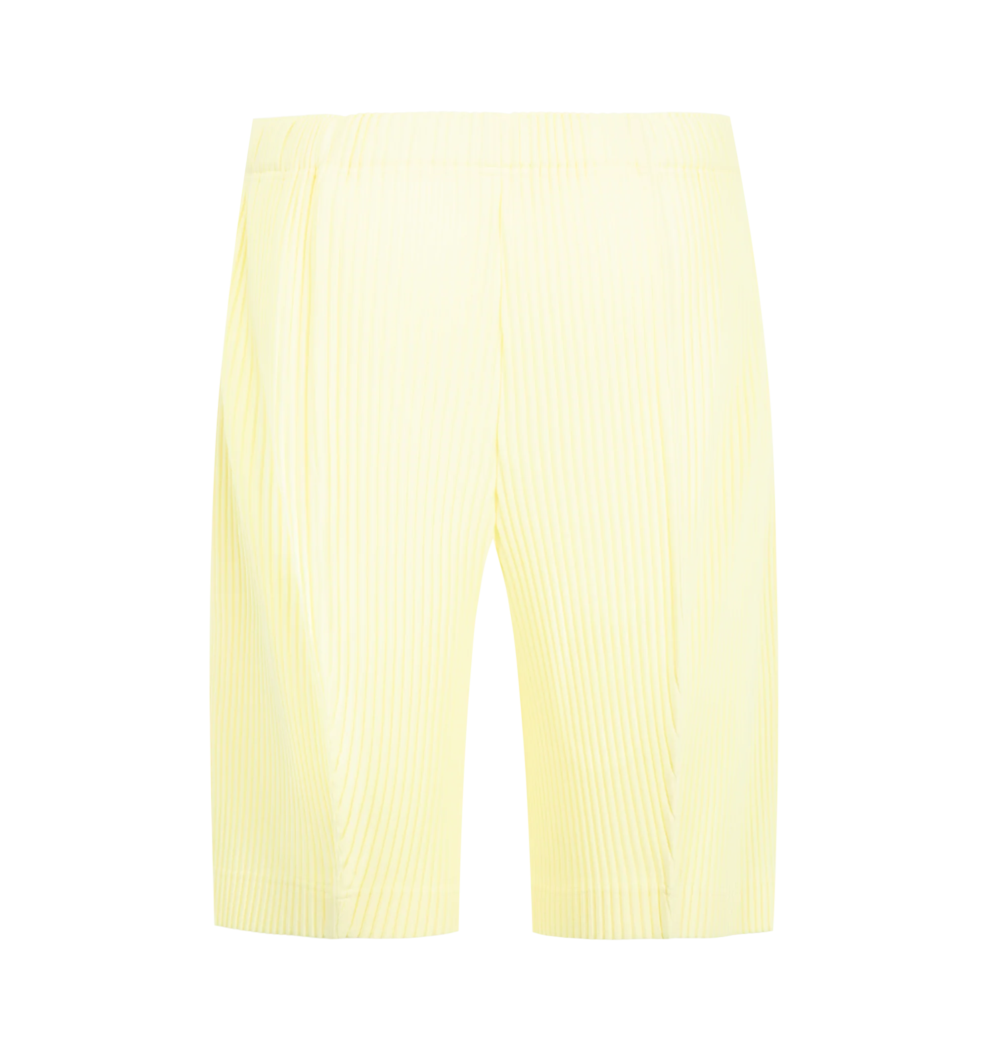 Image 2 of 3 - YELLOW - Issey Miyake Men's August Pleated Shorts feature signature pleated polyester jersey with quick-drying properties, side pockets, and an elasticated waistband with a button-fly closure. These designer shorts combine lightweight performance with the brand's iconic pleated construction for everyday comfort and modern style. Main Material: 100% Polyester.
