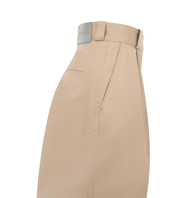 Image 3 of 3 - BROWN - BALENCIAGA High-Waist Pants featuring cotton twill, high-waist, wide, flared legs, covered zip fly with an invisible snap button, 6 belt loops, 2 front slash pockets, 2 back piped pockets, front creased legs and grey leather jacron patch with Balenciaga logo at the back. 100% cotton. Made in Italy.  