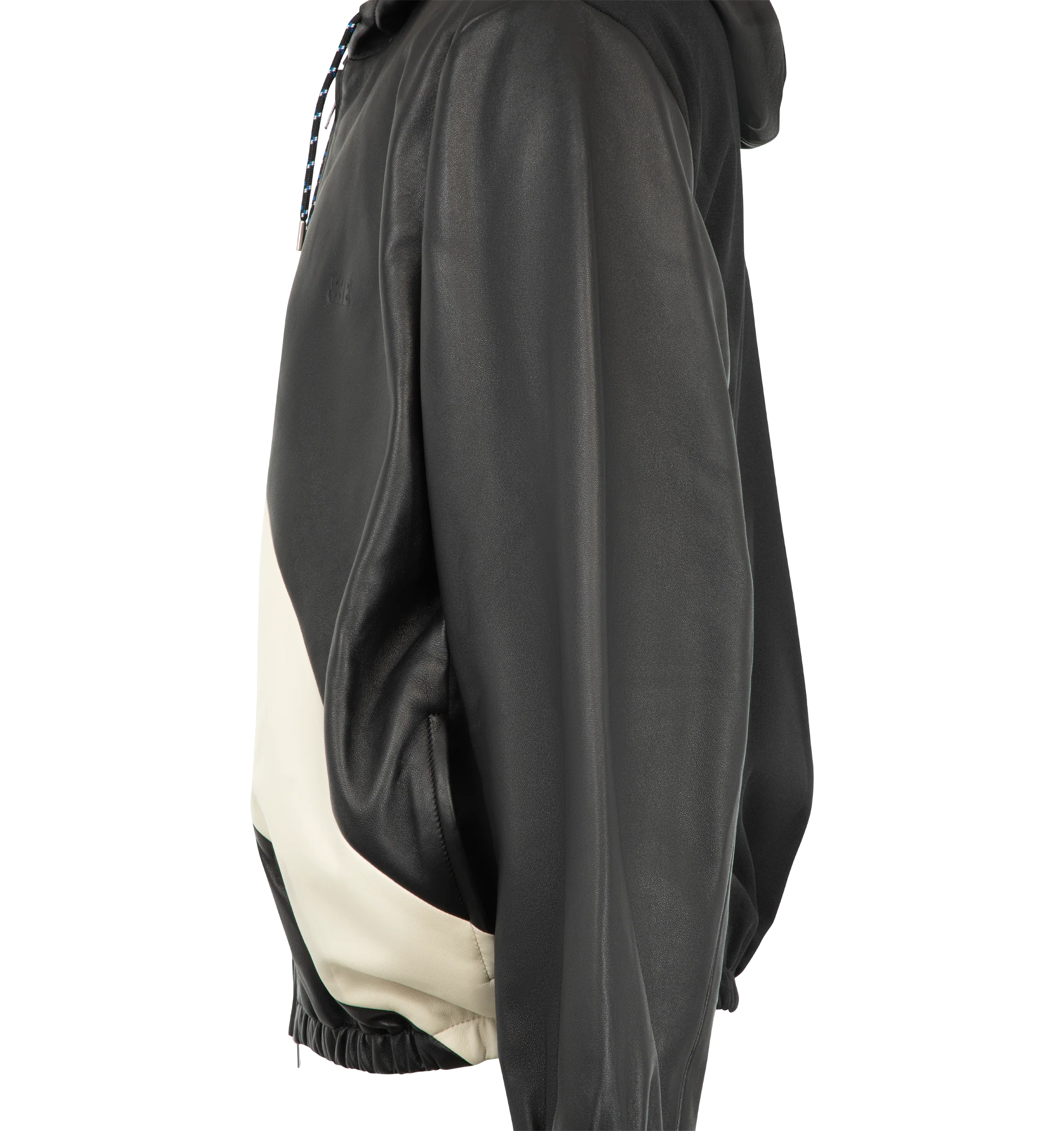 Image 3 of 3 - BLACK - Wales Bonner Men's Vista Leather Anorak is crafted from soft plong leather and technical twill and features a relaxed silhouette in a black and ivory colorway. Inspired by ceremonial dress, the design is detailed with a contrasting sash-style panel across the front, a drawstring hood, and a two-way zip closure. Finished with zip seam pockets, elasticized cuffs and hem, dropped shoulders, and an embossed logo at the chest. 68% Polyester, 18% Polyacrylic, 12% Rayon, 2% Polyurethane. Con