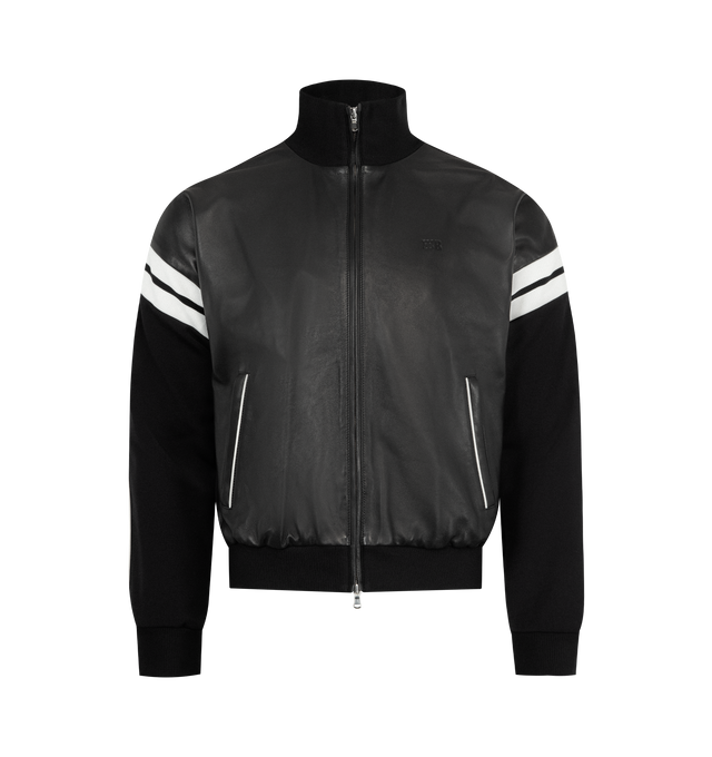 Image 1 of 3 - BLACK - WALES BONNER Nomad Leather Jacket featuring hybrid track top silhouette with calf leather and technical twill panelling on the sleeves and back, embossed logo and double zip. Leather and twill. Made in Morocco.