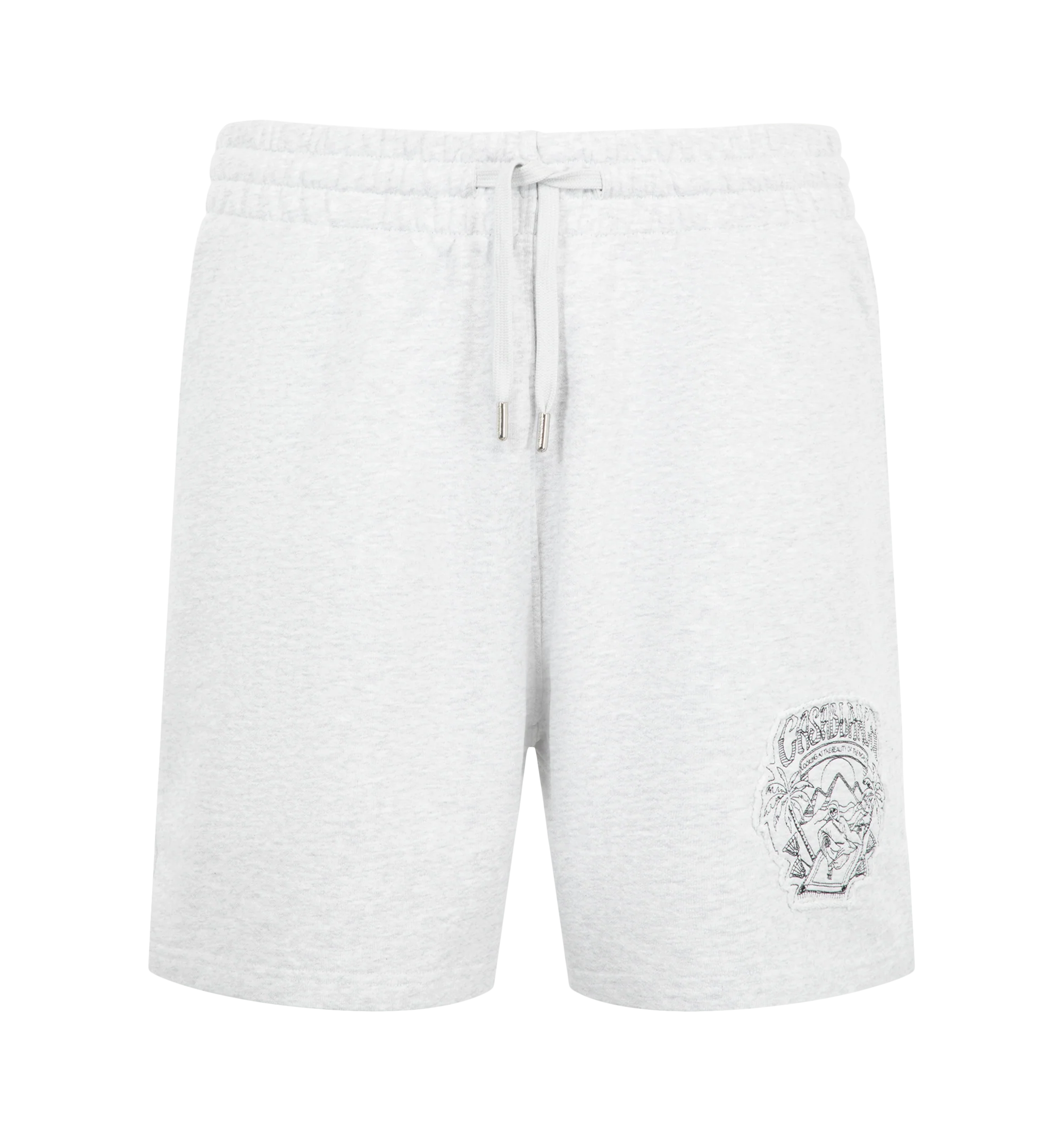 Image 1 of 3 - GREY - Casablanca Men's Cotton Graphic Shorts are crafted from cotton and features a graphic applique design that showcases the house's distinctive visual language. Designed in a classic silhouette, it is finished with an adjustable drawstring waistband, and pockets. Main Material: Cotton.