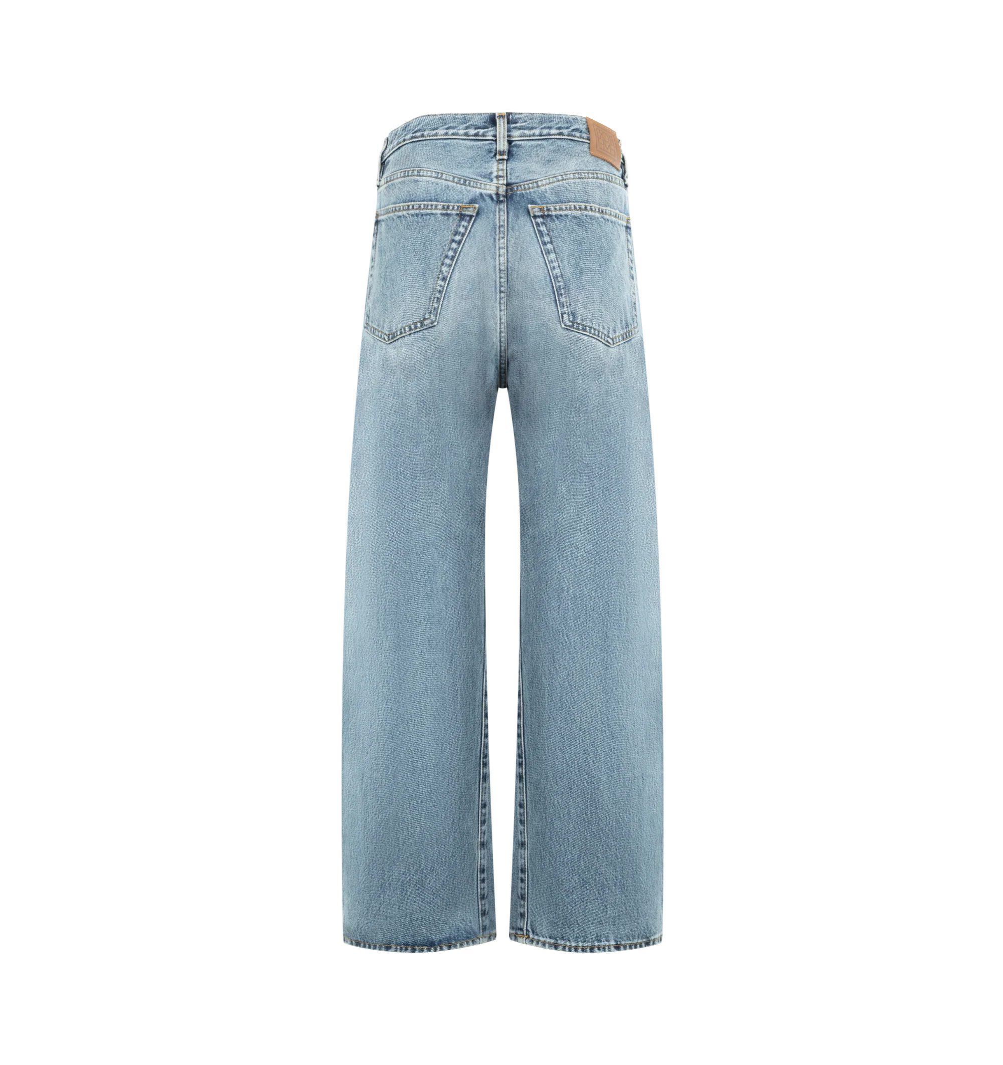 Image 2 of 3 - BLUE - TOTEME Twisted Seam Denim full length featuring relaxed fit, straight-leg, a dropped rise, constructed with directional side seams, button fly, silver-tone hardware, five pockets, belt loops, finished hem and leather patch. 100% organic cotton.
