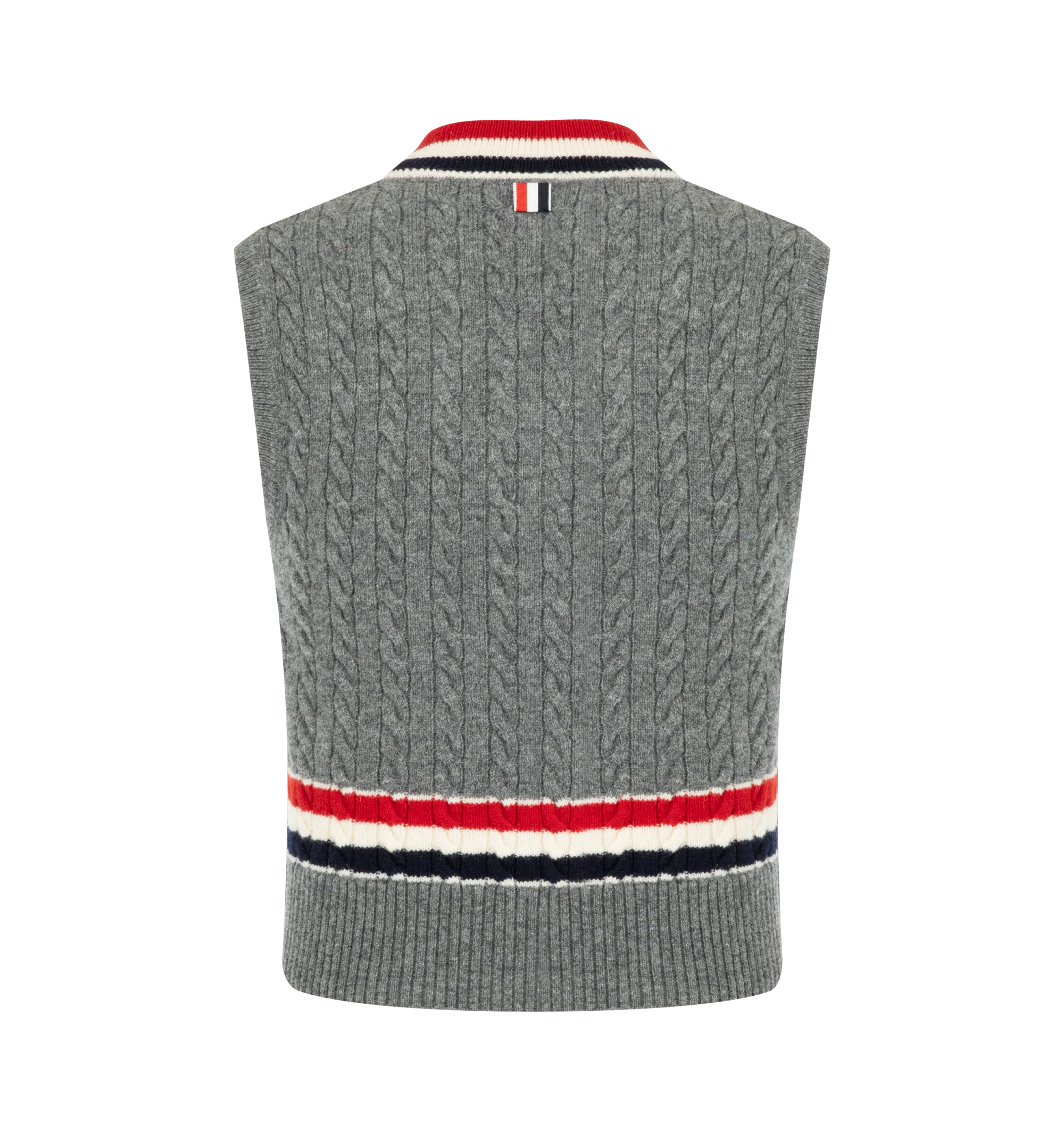 Image 2 of 2 - GREY - Thom Browne Mens Wool V-Neck Vest is crafted from cashmere and features a classic V-neck, signature RWB stripe detailing at the neckline and hem, buttoned side vents, buttoned rib-knit trim with signature striped grosgrain accents, and the signature striped grosgrain loop tab at the back. This designer cashmere sweater vest combines traditional Aran cable knit construction with iconic Thom Browne detailing for elevated everyday layering. Main Material: Wool. Made in Italy. 
