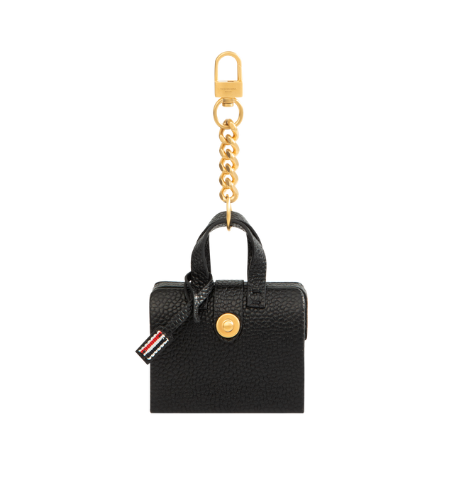 Image 1 of 2 - BLACK - THOM BROWNE Soft Caviar Agneau Mr. Thom Charm featuring a miniature version of the Mr. Thom bag crafted in soft pebble grain lamb leather, complete with top handles, a gold-tone button closure and loop chain with clasp fastening. L 6 x W 3.5 x H 7 cm. 100% lamb leather. Made in Italy.