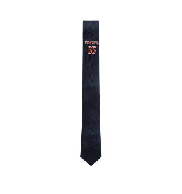 Image 2 of 2 - NAVY - THOM BROWNE Silk Browne 65 Tie featuring RWB grosgrain trim and name tag appliqu. 100% silk. Made in Italy. 