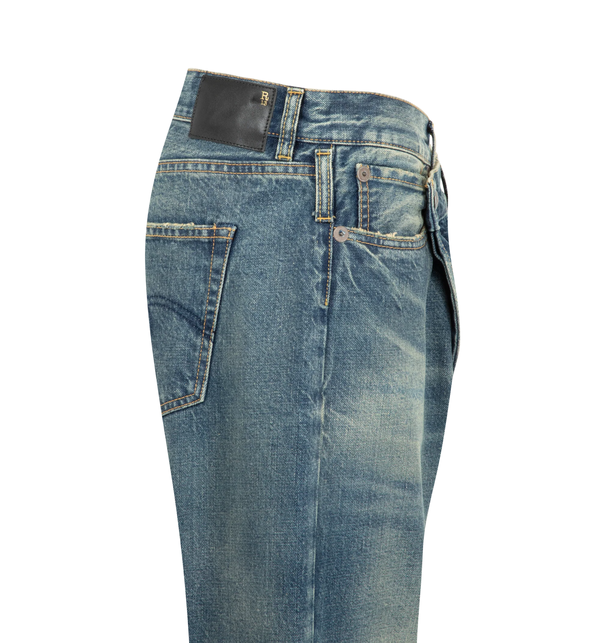 Image 3 of 3 - BLUE - R13 Women's Cuffed Crossover Jeans are crafted from premium rigid selvedge denim and feature the brand's signature asymmetric crossover waistband, a straight-leg silhouette, and rolled cuffed hems for a distinctive modern look. Designed with a classic five-pocket construction and premium craftsmanship, these designer jeans combine R13's iconic deconstructed aesthetic with timeless everyday versatility. Main Material: 100% Cotton. Made in Italy.